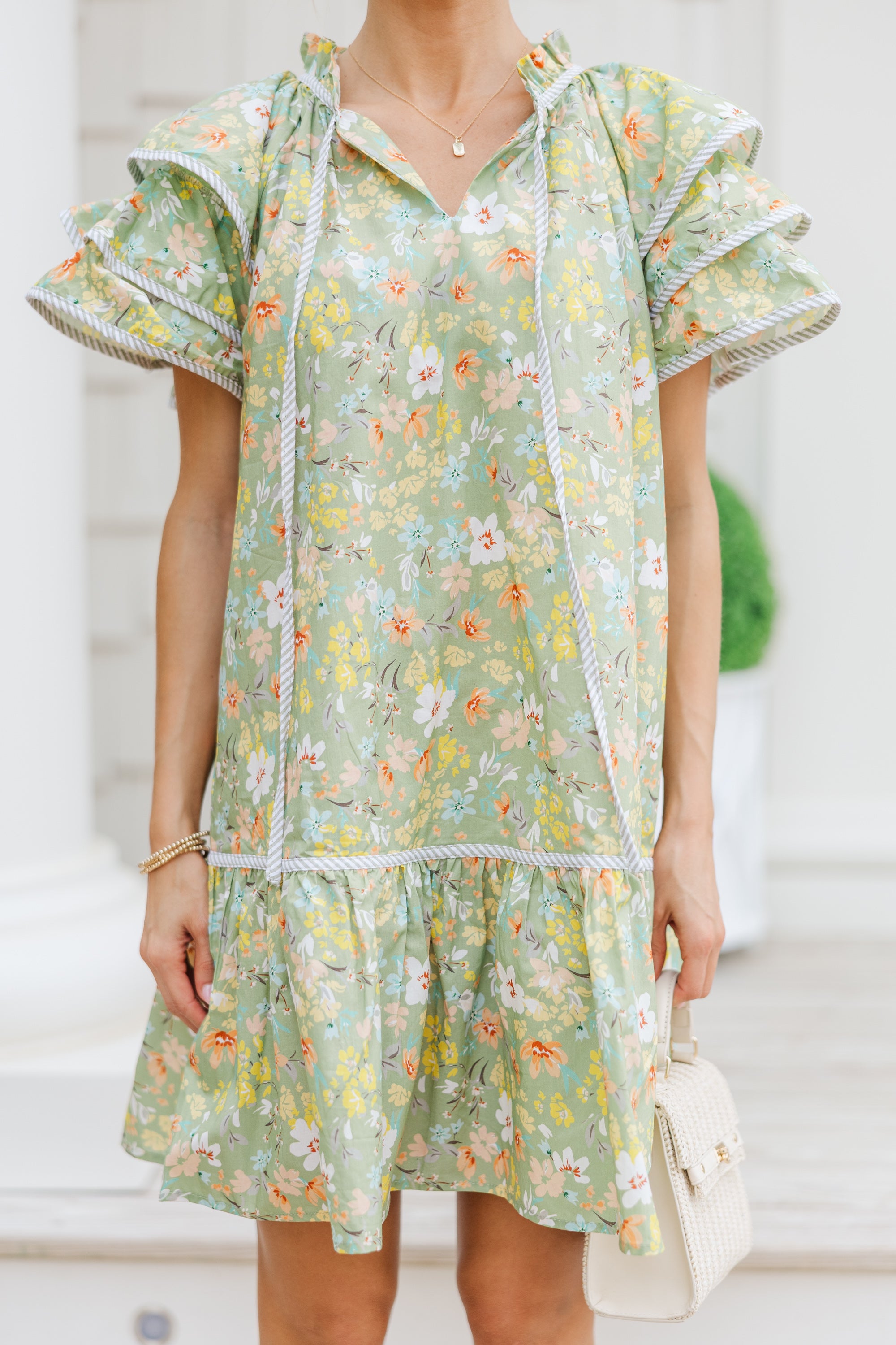 Sage Green Ditsy Floral Dress for Women - Boho Chic Midi Dress with Puff Sleeves - Perfect for Summer, Vacations & Outdoor Weddings
