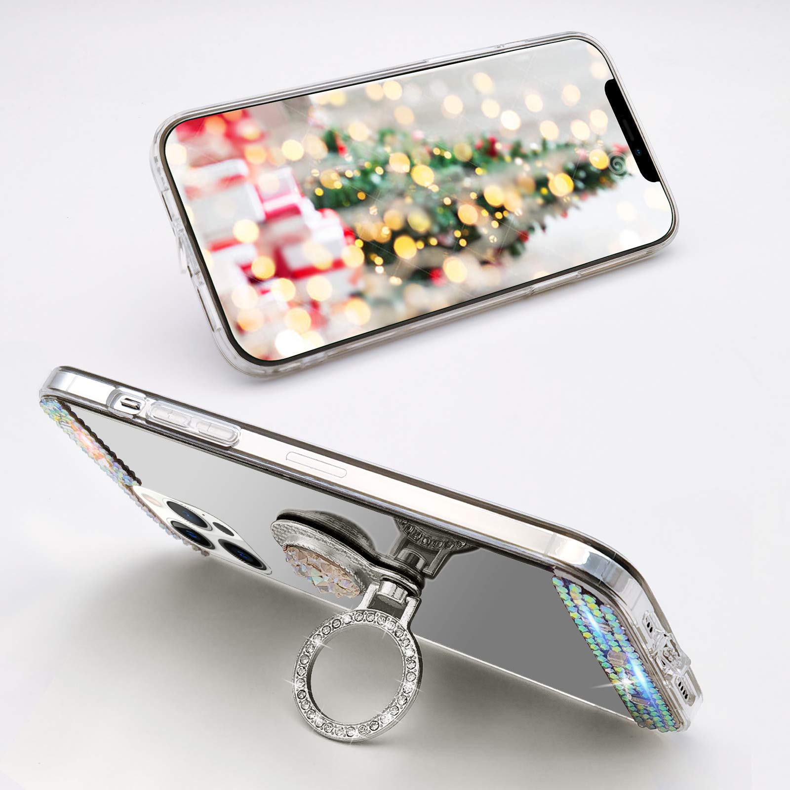 LUVI iPhone 12 Pro Case - Diamond Glitter Rhinestone Makeup Mirror Cover with Ring Stand & Kickstand | 6.1 Inch Bling Crystal Protector for Women & Girls | Perfect for Selfies, Makeup Touch-ups & Secure Grip