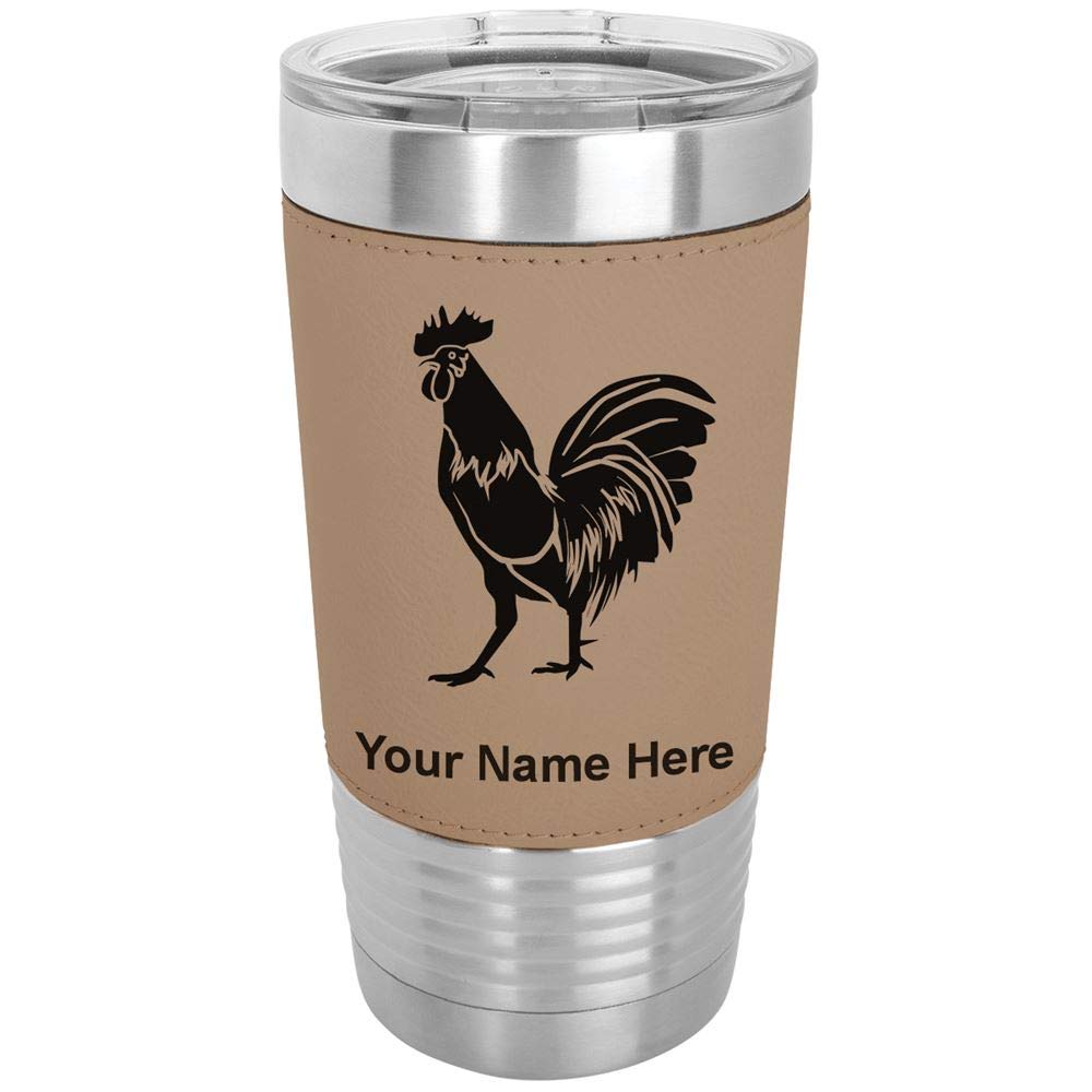 LaserGram 20oz Vacuum Insulated Stainless Steel Tumbler Mug with Personalized Engraving - Rooster Design, Faux Leather Handle (Light Brown) - Perfect for Coffee, Tea & Cold Drinks at Home, Office or Travel
