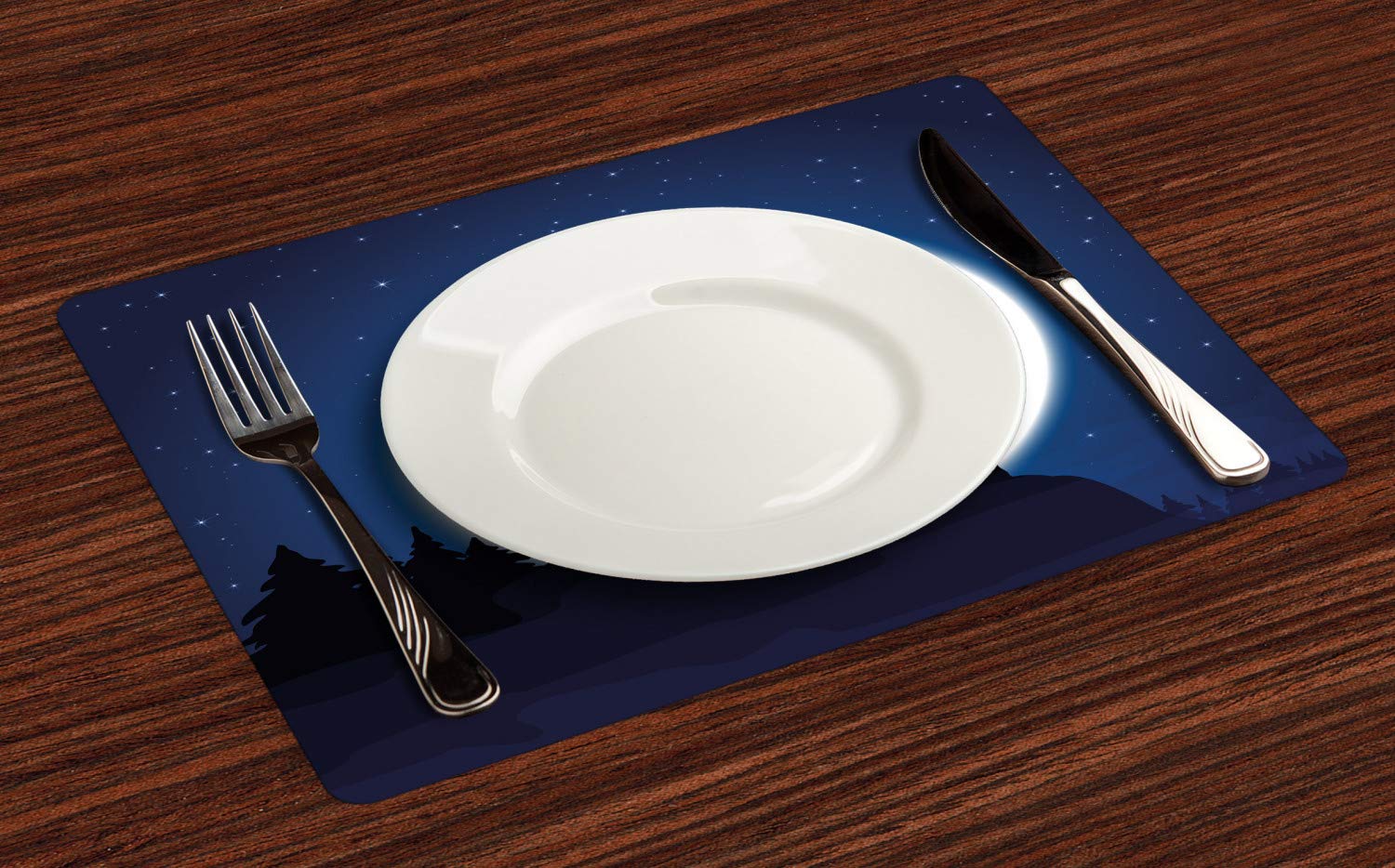 Ambesonne Wolf Place Mats Set of 4 - Full Moon Night Sky Werewolf Design Washable Fabric Dining Table Mats for Halloween & Gothic Decor (Dark Blue Black White) - Perfect for Dinner Parties, Themed Events & Home Decor