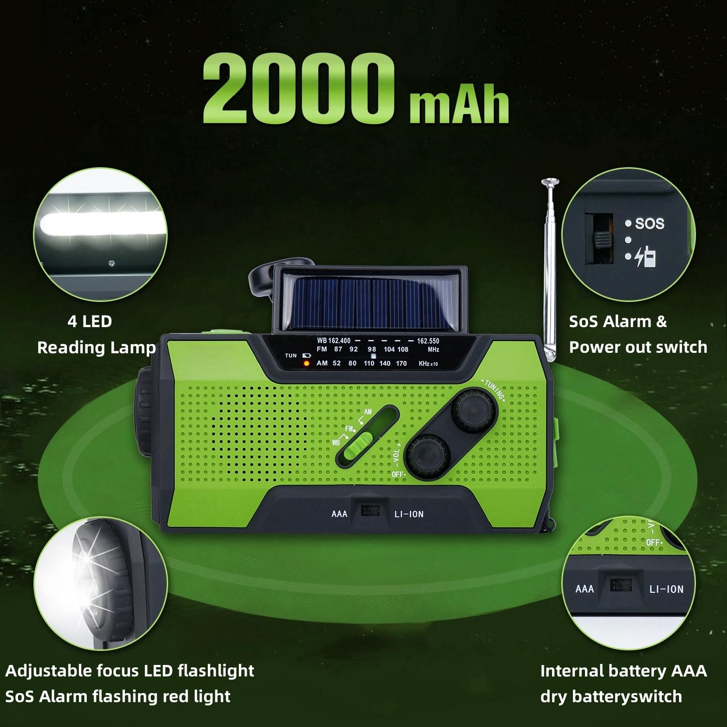 iRonsnow Emergency Weather Radio - Solar Hand Crank Portable AM/FM NOAA Radio with SOS Alarm, 2000mAh USB Phone Charger, Reading Lamp & Flashlight for Camping, Hiking, Power Outages and Emergency Preparedness
