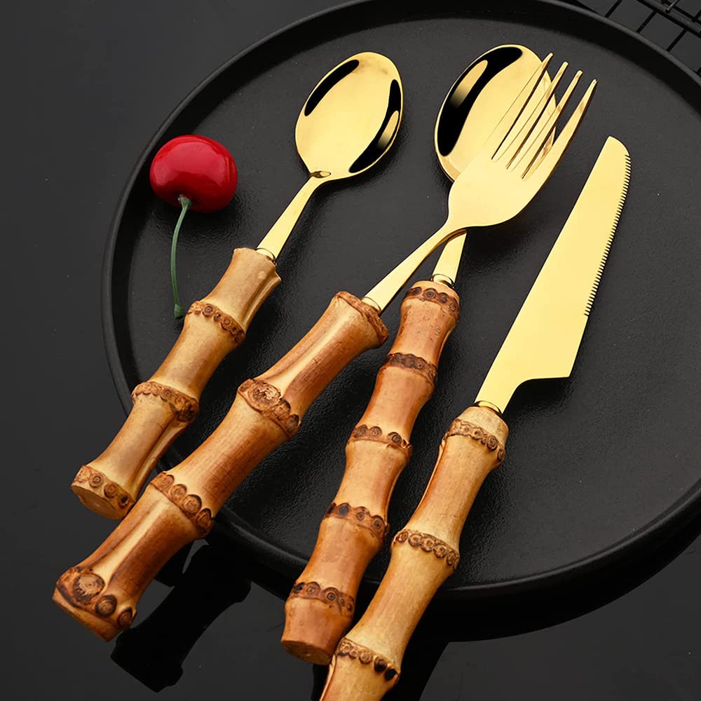 24-Piece Bamboo Handle Stainless Steel Cutlery Set for 6 - 18/8 Golden Flatware, Dishwasher Safe Kitchen Utensils - Perfect for Dinner Parties, Daily Use & Eco-Friendly Home Dining