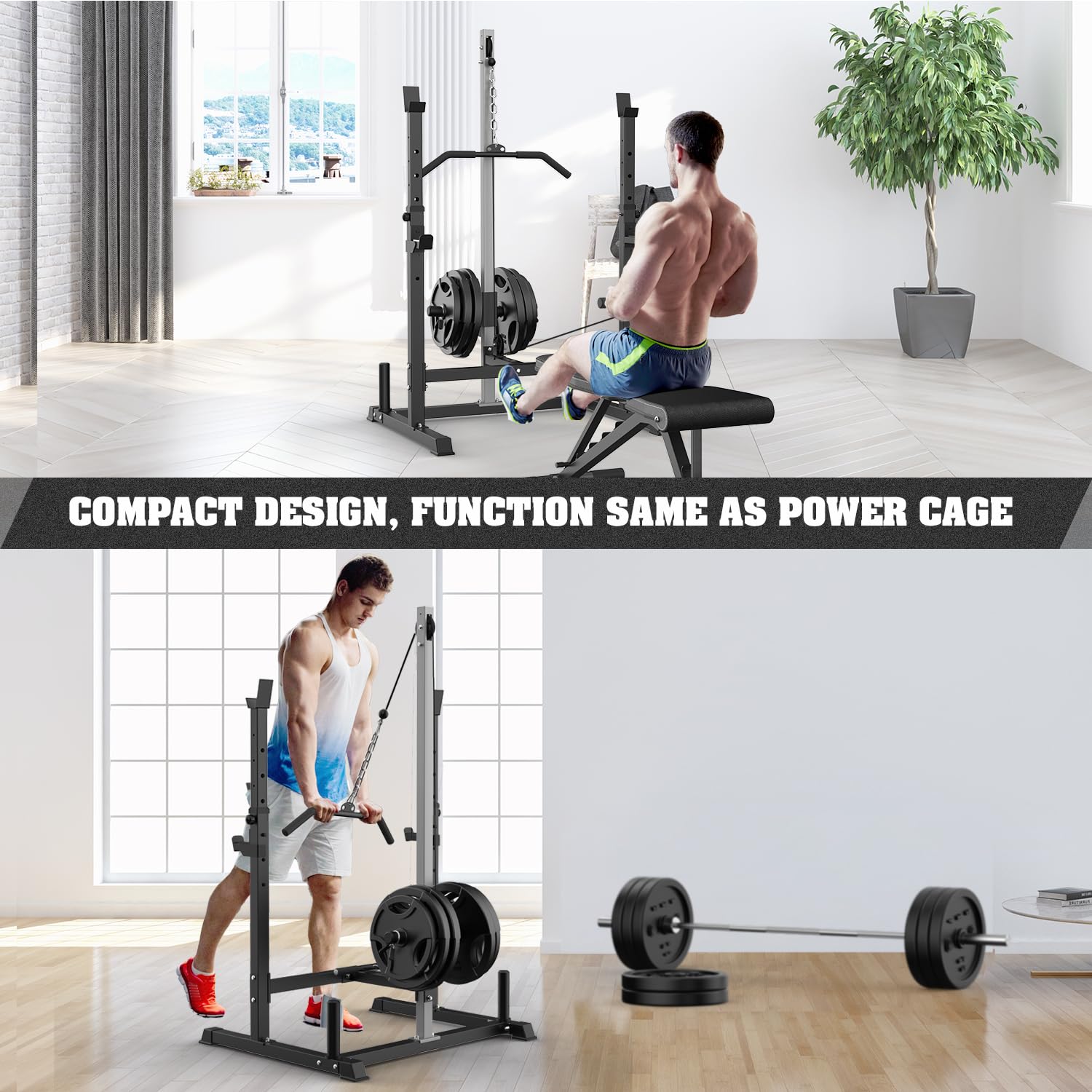 Adjustable Power Rack with LAT Pulldown & Pulley System - Multi-Functional Squat Cage for Home Gym - Perfect for Strength Training, Weightlifting & CrossFit Workouts