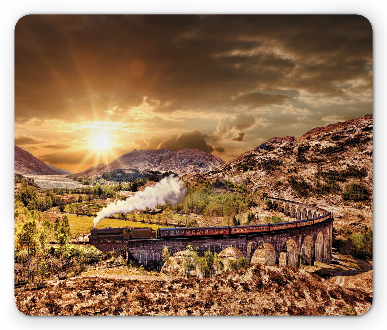 Ambesonne Wizard Mouse Pad - Glenfinnan Railway Viaduct Scotland Sunset Design, Non-Slip Rubber Base, Standard Size Rectangle Mousepad for Office & Gaming - Perfect for Harry Potter Fans & PC Enthusiasts