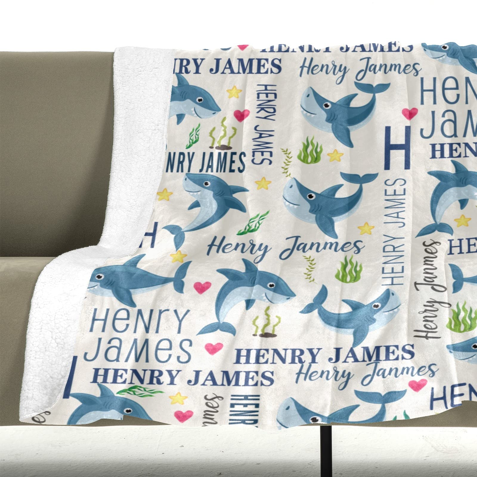 Customized Baby Blankets with Name - Cute Shark Pattern Personalized Sherpa Blanket for Boys & Girls | Unique Baby Shower Gift, Nursery Essential & Cozy Travel Blanket