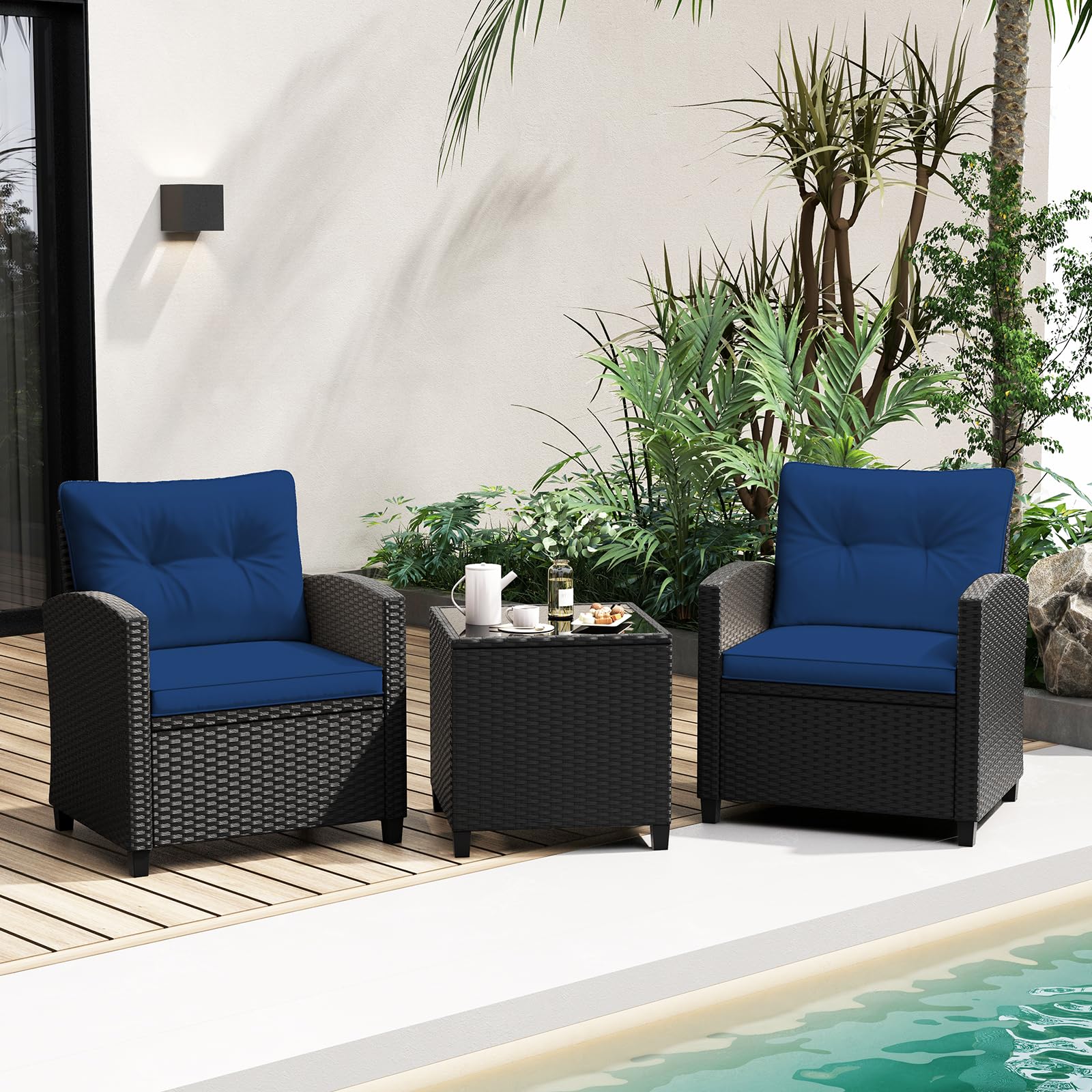Tangkula 3-Piece Patio Furniture Set - Rattan Outdoor Conversation Set with Soft Cushions & Tempered Glass Coffee Table - Wicker Seating for Backyard, Porch, Poolside - Perfect for Relaxing, Entertaining & Outdoor Gatherings
