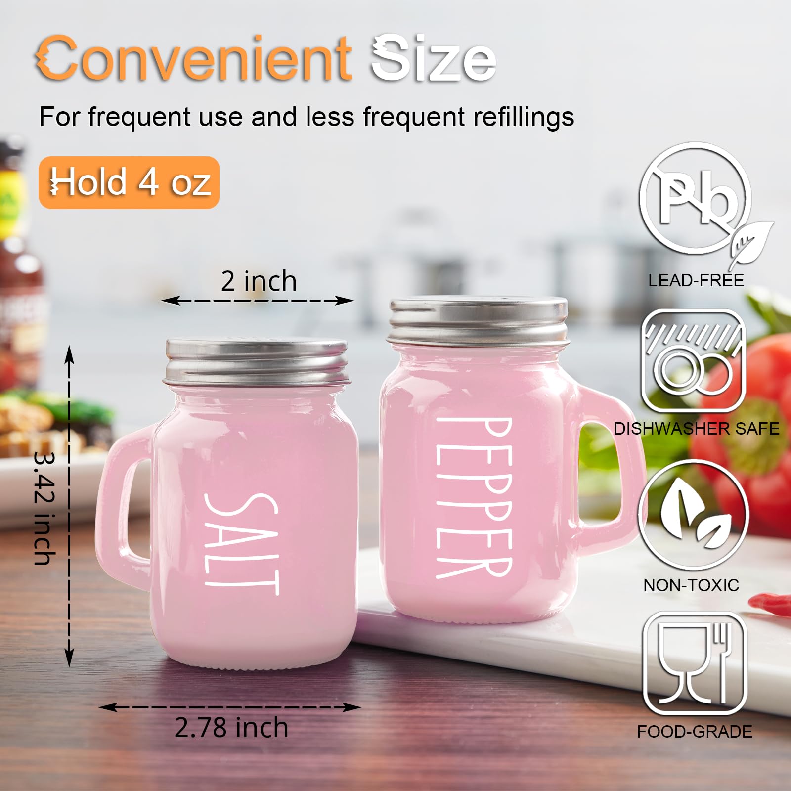 Premium Pink Salt and Pepper Shakers Set - 4 oz Glass Kitchen Accessories for Cooking, Dining Table, RV, BBQ - Easy to Clean & Refill - Perfect for Home, Restaurant, and Outdoor Use