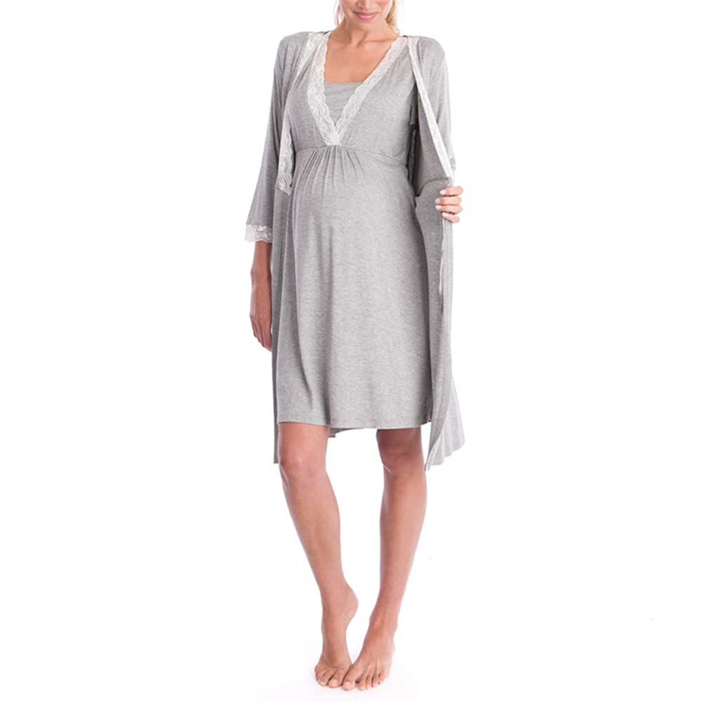 Bysion Women's Maternity Nursing Dress Set - 2 Pcs Lace V-Neck Breastfeeding Nightgown & Pregnancy Robe for Home, Hospital & Lounging Sleepwear