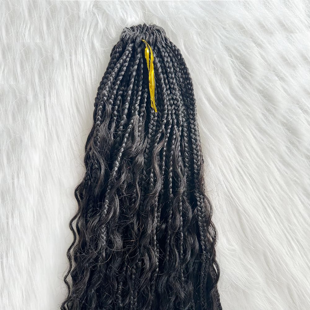Natural Color 14 Inch Crochet Boho Box Braids with Human Hair Curls - Pre-Looped Box Braids with Curly Human Hair & Full Ends - 2 Pack (80 Strands) Hair Extensions for Women - Perfect for Boho Chic, Festival, and Everyday Protective Styles