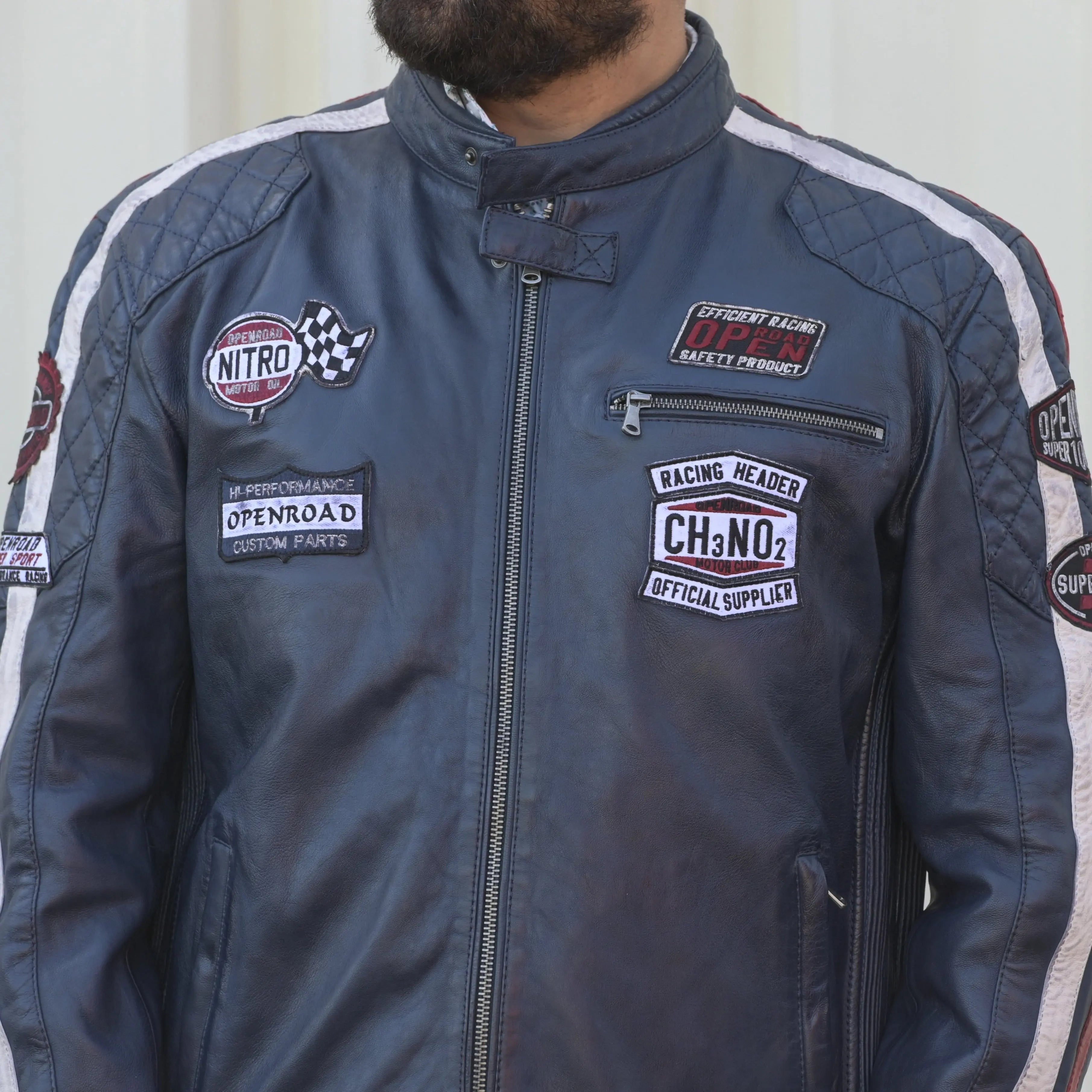 Men's Vintage Racer Jacket with Embroidered Patches & Striped Details - Perfect for Motorcycle Riding, Casual Outfits & Streetwear Fashion