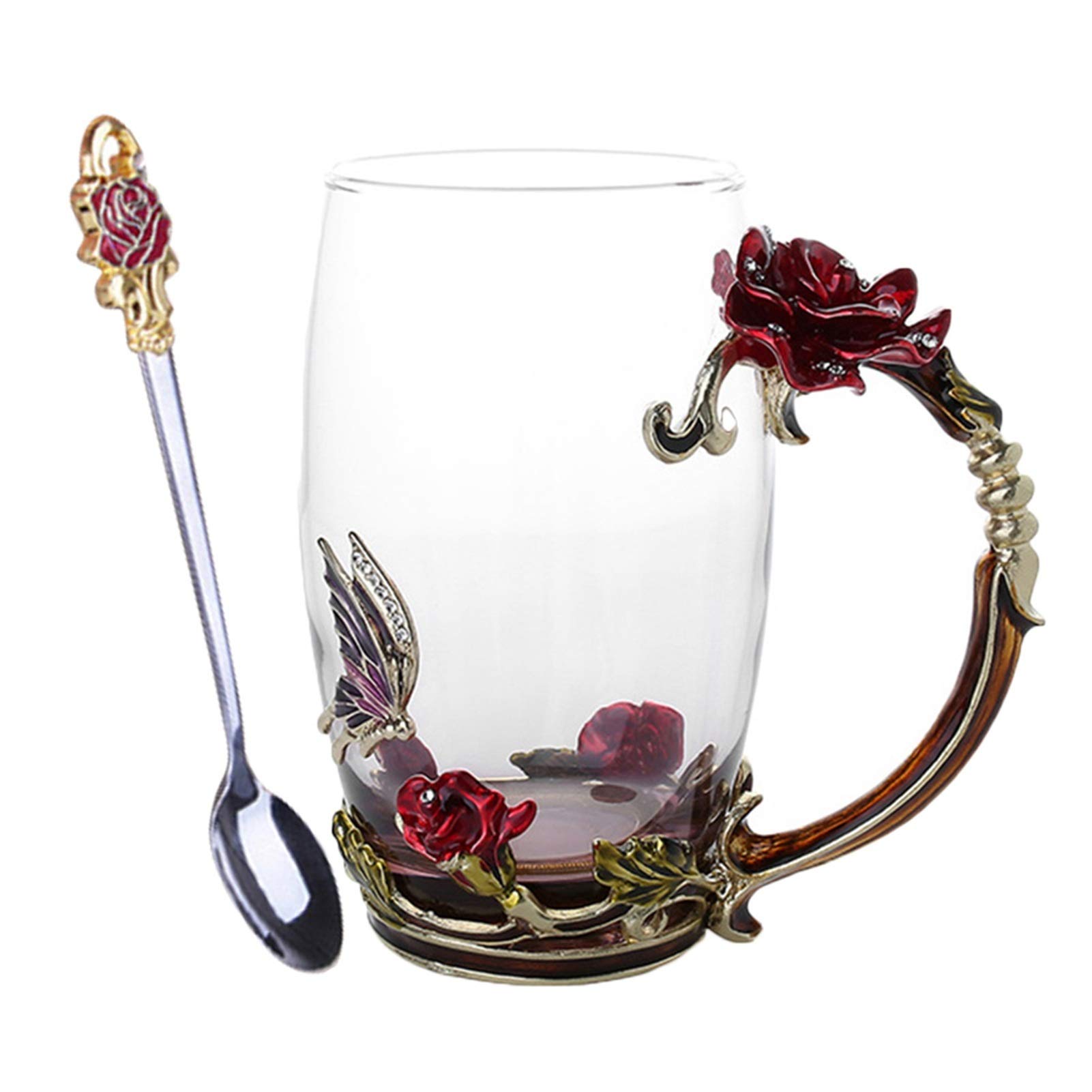 3D Rose Butterfly Enamel Coffee Mug - Elegant Glass Tea Cup for Wedding Gifts, Bridal Shower & Anniversary (Red with Spoon) - Perfect for Coffee, Tea, Hot Chocolate & Home Decor
