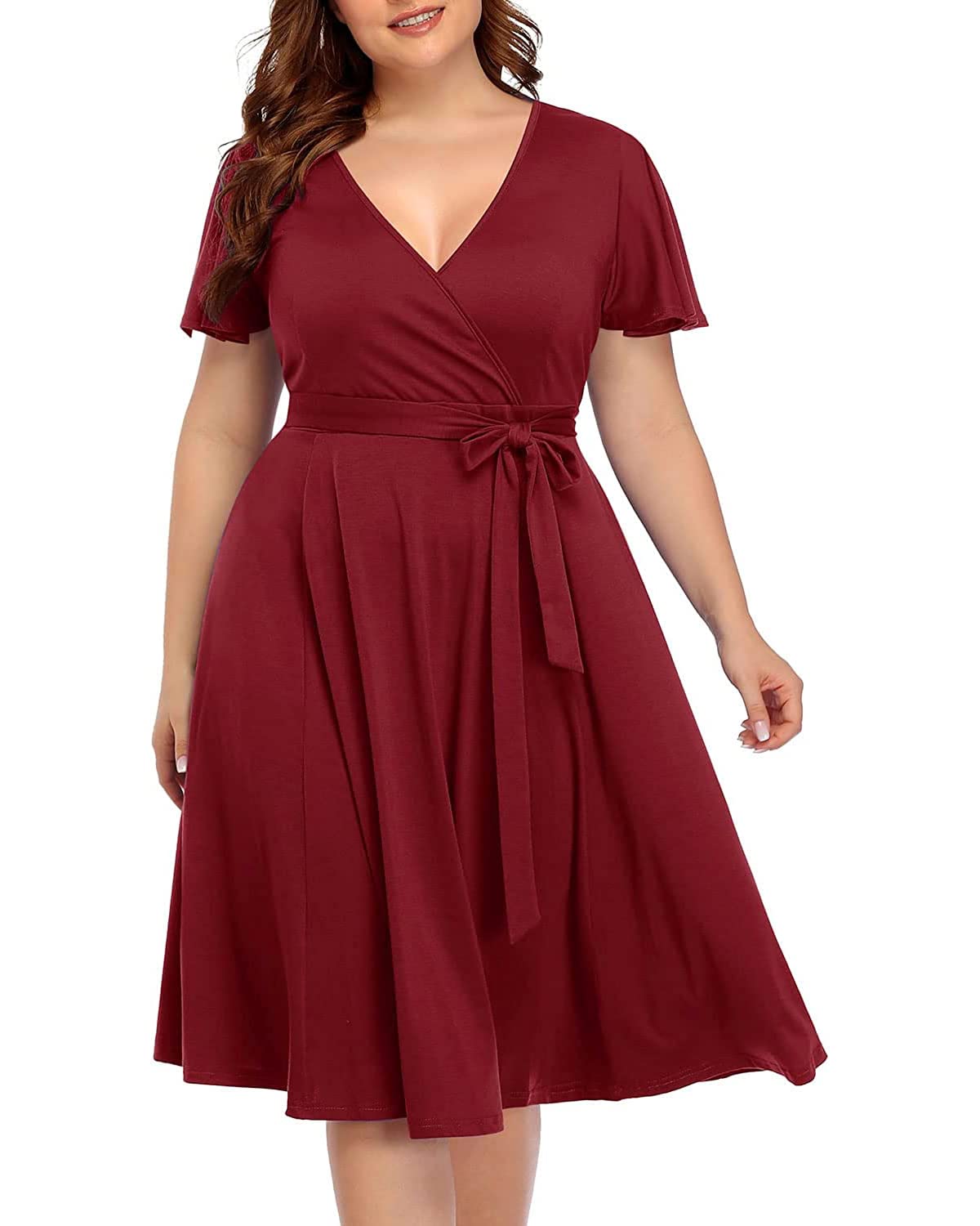 Plus Size Women's Pinup Fashion Wrap Dress - Semi Formal Cocktail Midi Dress with Empire Waist for Wedding Guest & Special Occasions
