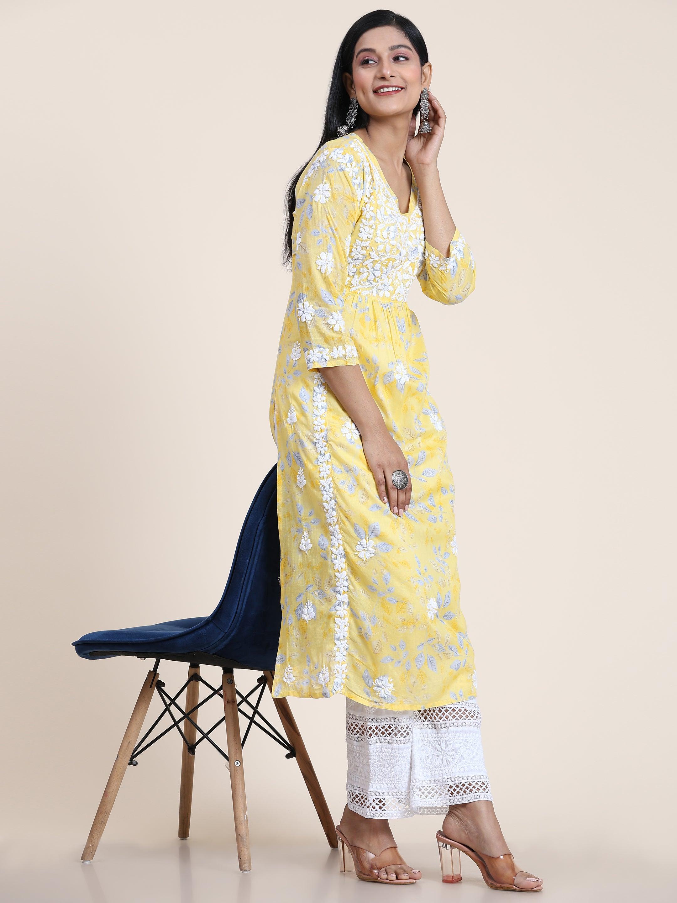 Samma Mul Printed Hand Embroidery Chikankari Kurta for Women - Yellow Ethnic Indian Tunic Top for Casual Wear & Festive Occasions