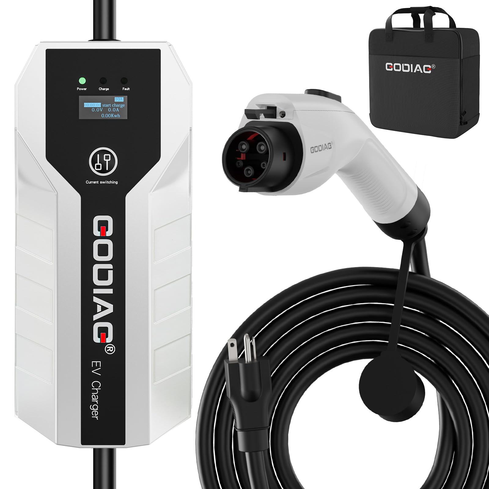 Portable EV Charger Level 1 & 2 - 8/10/13/16 Amp Adjustable Electric Car Charger with 110V-240V 3.5KW Power - 20ft Cable for Plug-in Hybrid & Electric Vehicles - Perfect for Home, Office & Road Trip Charging