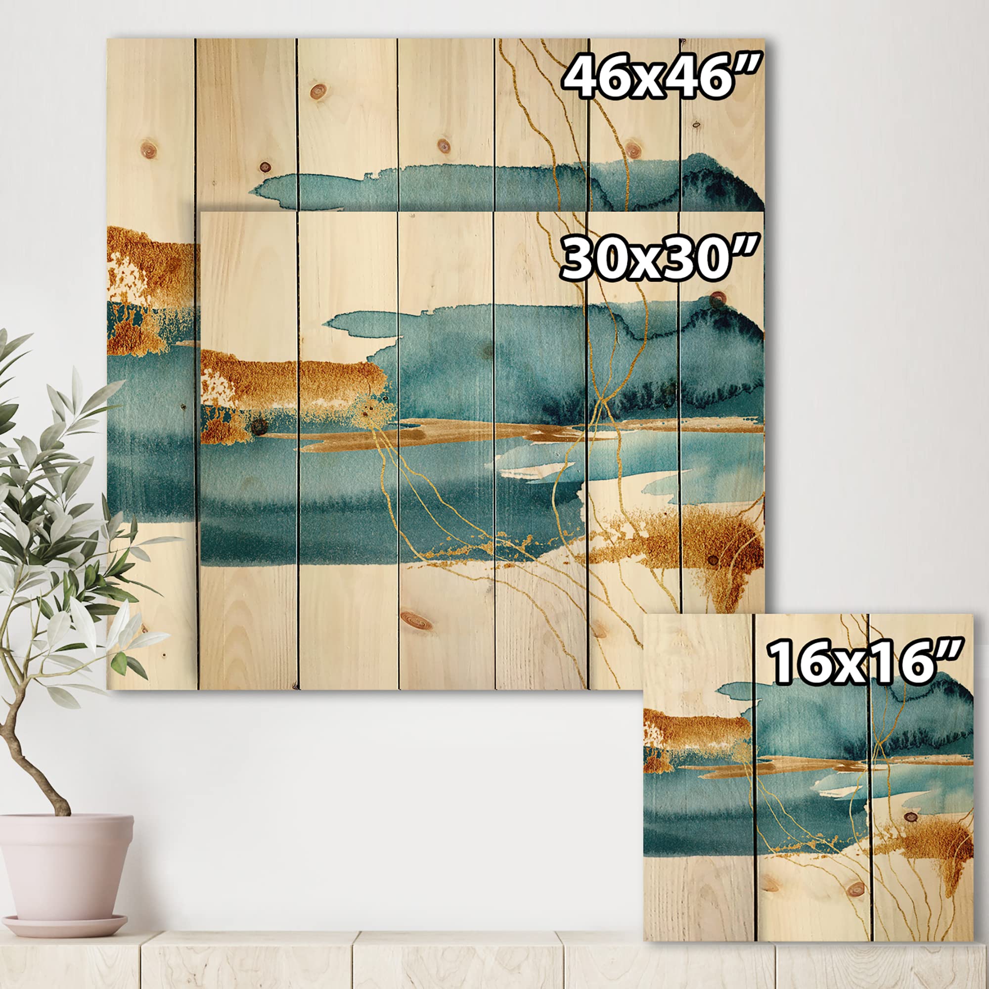 Blue Underwater Plant with Golden Laminaria Branch - Modern Wood Wall Art Decor, Large Abstract Pine Wood Panel Print - Perfect for Living Room, Bedroom & Office Wall Decoration
