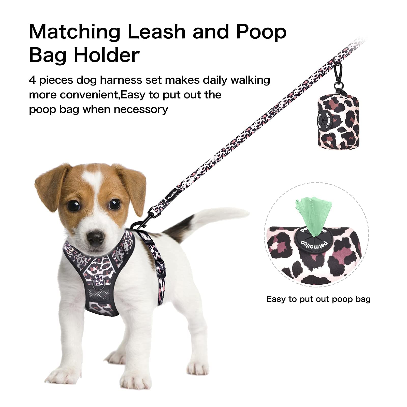 Petmolico No Pull Dog Harness Set with Leash - Reflective Adjustable Vest for Small & Medium Dogs, Easy Control Handle & Poop Bag Holder - Perfect for Walking, Training & Outdoor Adventures (Leopard Print)