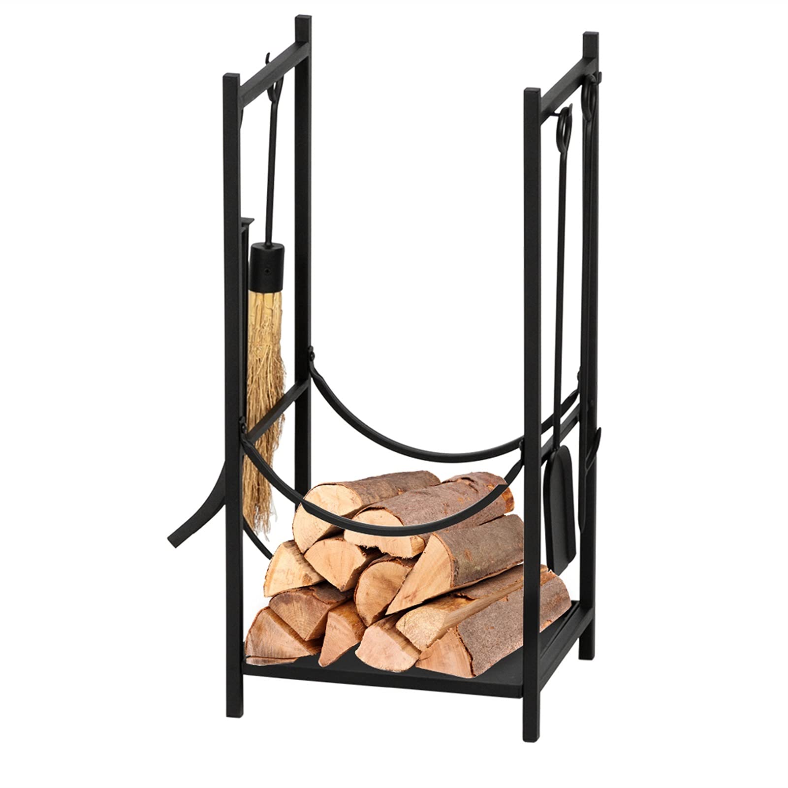33 Inch Black Wrought Iron Firewood Log Rack - Indoor/Outdoor Fireplace Wood Holder with 4 Fireside Tools - Perfect for Patio, Deck, Backyard & Hearth Storage