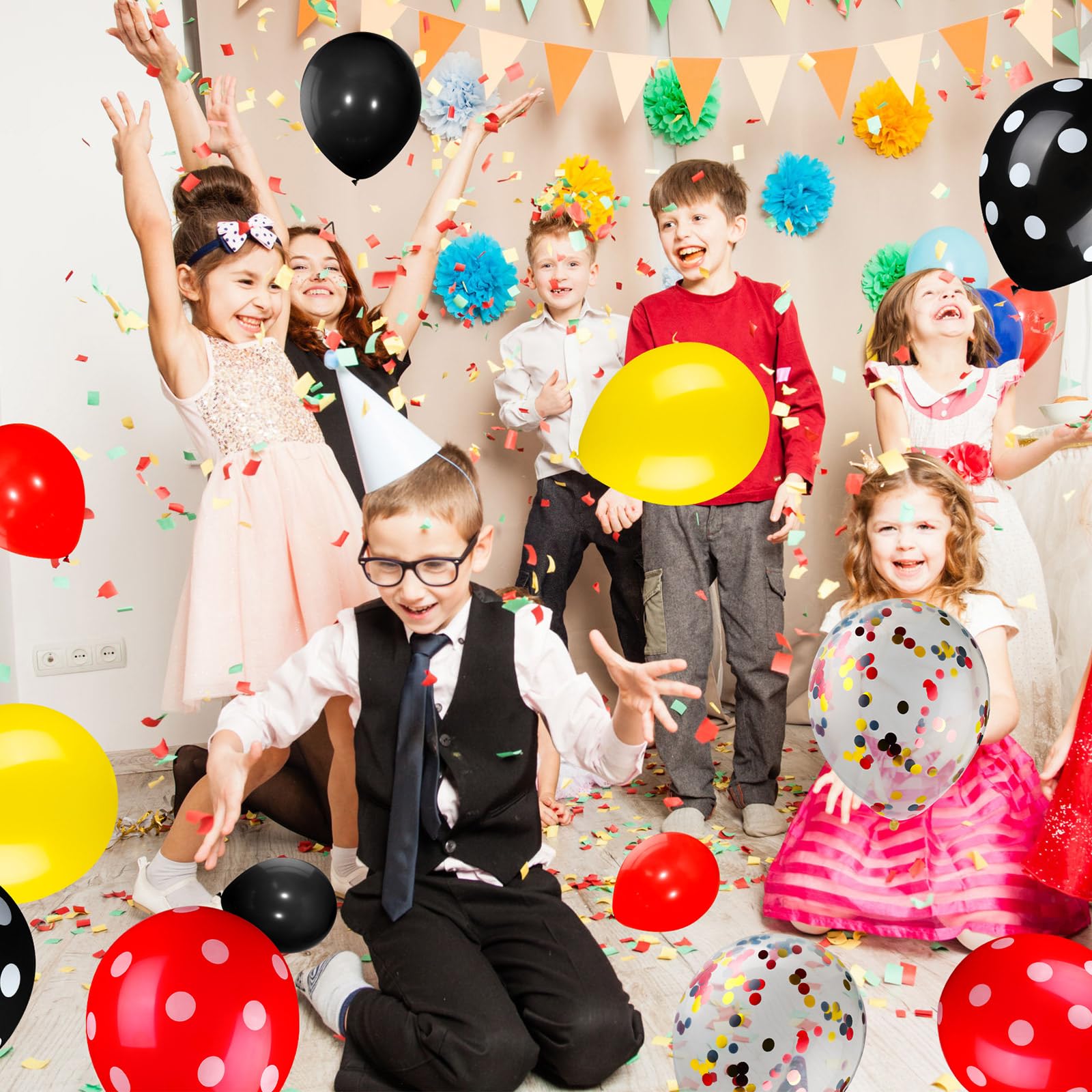 75-Piece Mouse Confetti Balloons - Red, Black & Yellow Polka Dot Latex Balloons for Halloween, Baby Shower, Wedding & Birthday Party Decorations - Perfect for Party Garlands, Ceiling Decor & Photo Backdrops