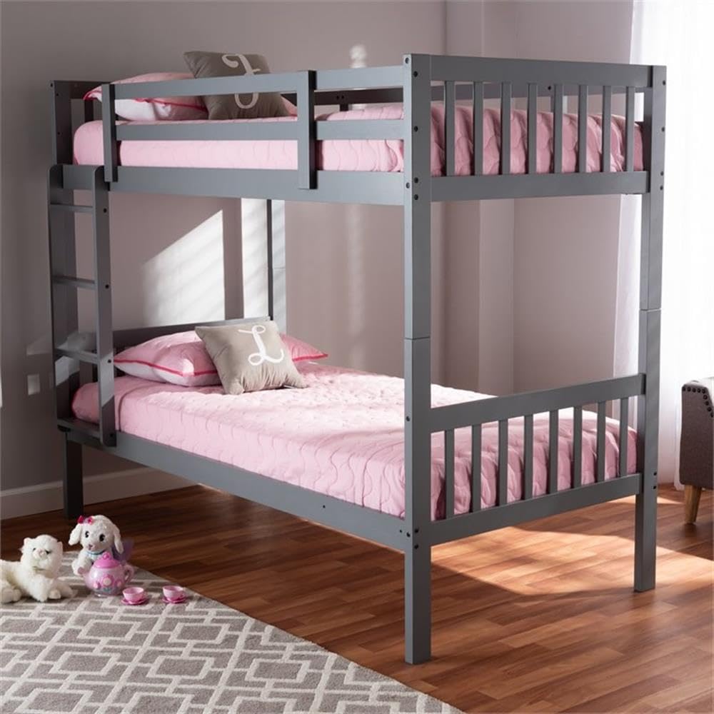 BOWERY HILL Grey Finished Wood Twin Size Bunk Bed - Sturdy & Space-Saving Kids Bunk Bed for Small Rooms, Dorms & Shared Bedrooms