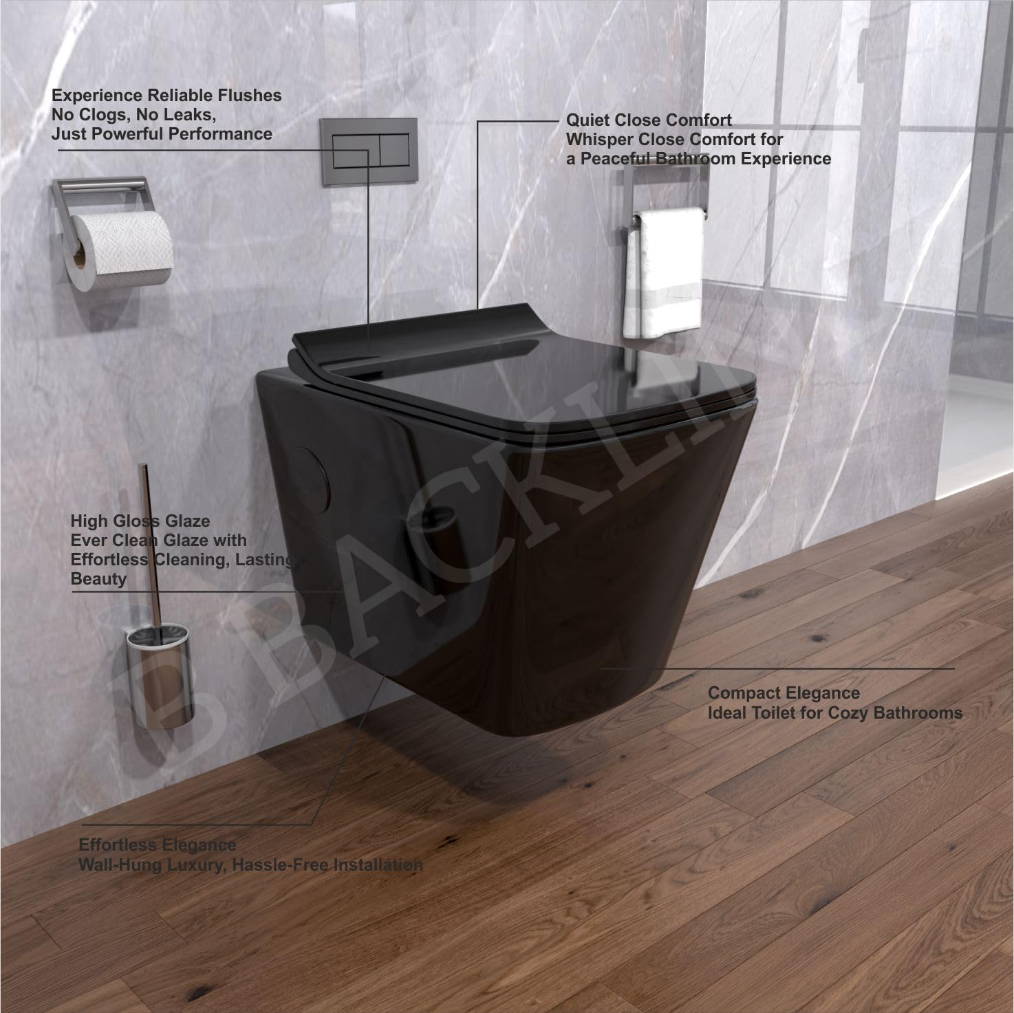 Premium Ceramic Wall-Mounted Rimless Western Toilet with Soft-Close Seat - Modern Black Glossy Bathroom Commode (P-Trap Outlet) for Home, Hotel & Luxury Spaces