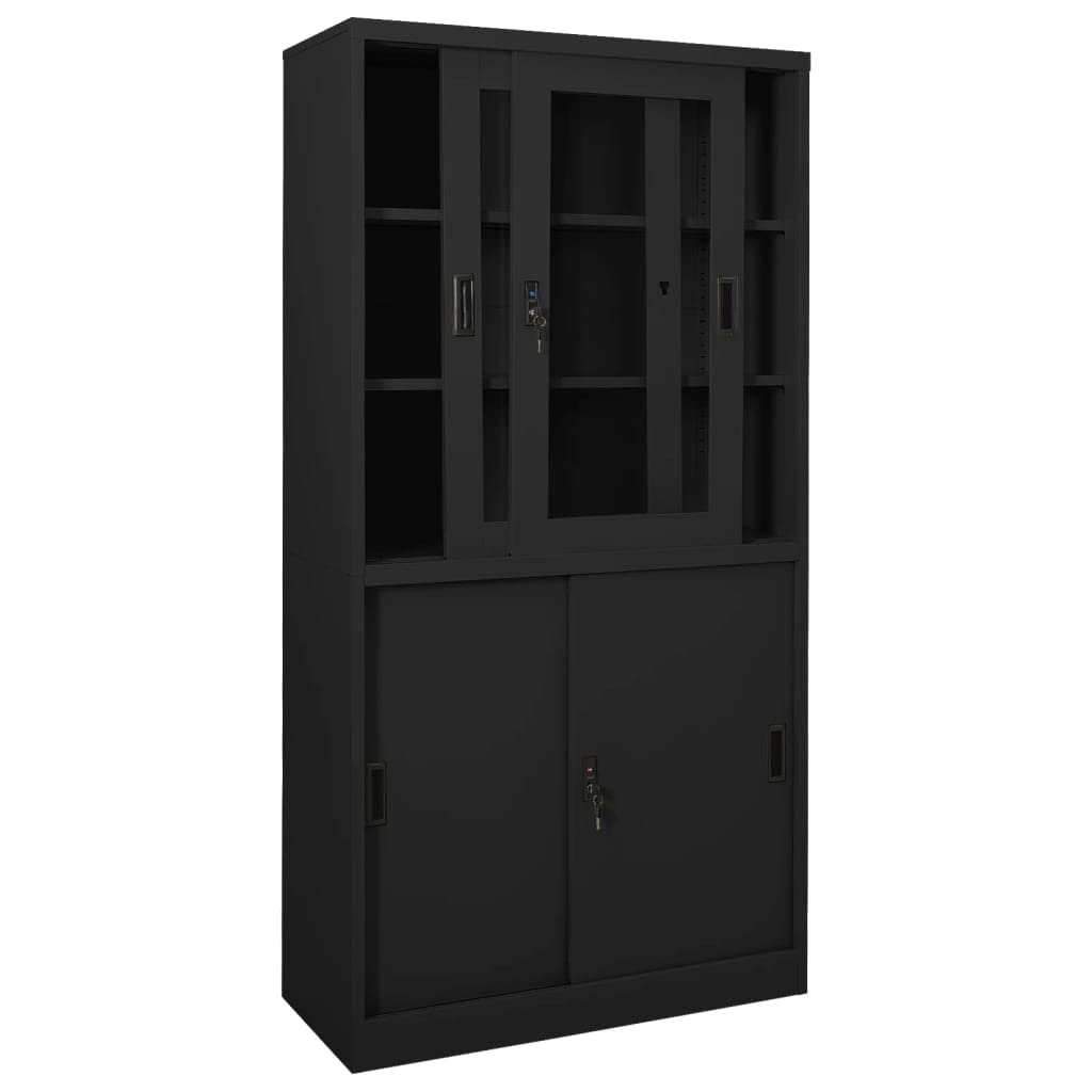 Modern Office Cabinet with 4 Sliding Doors & Lock - 3 Adjustable Shelves, Steel Storage Cabinet for Home & Office (Anthracite, 35.4