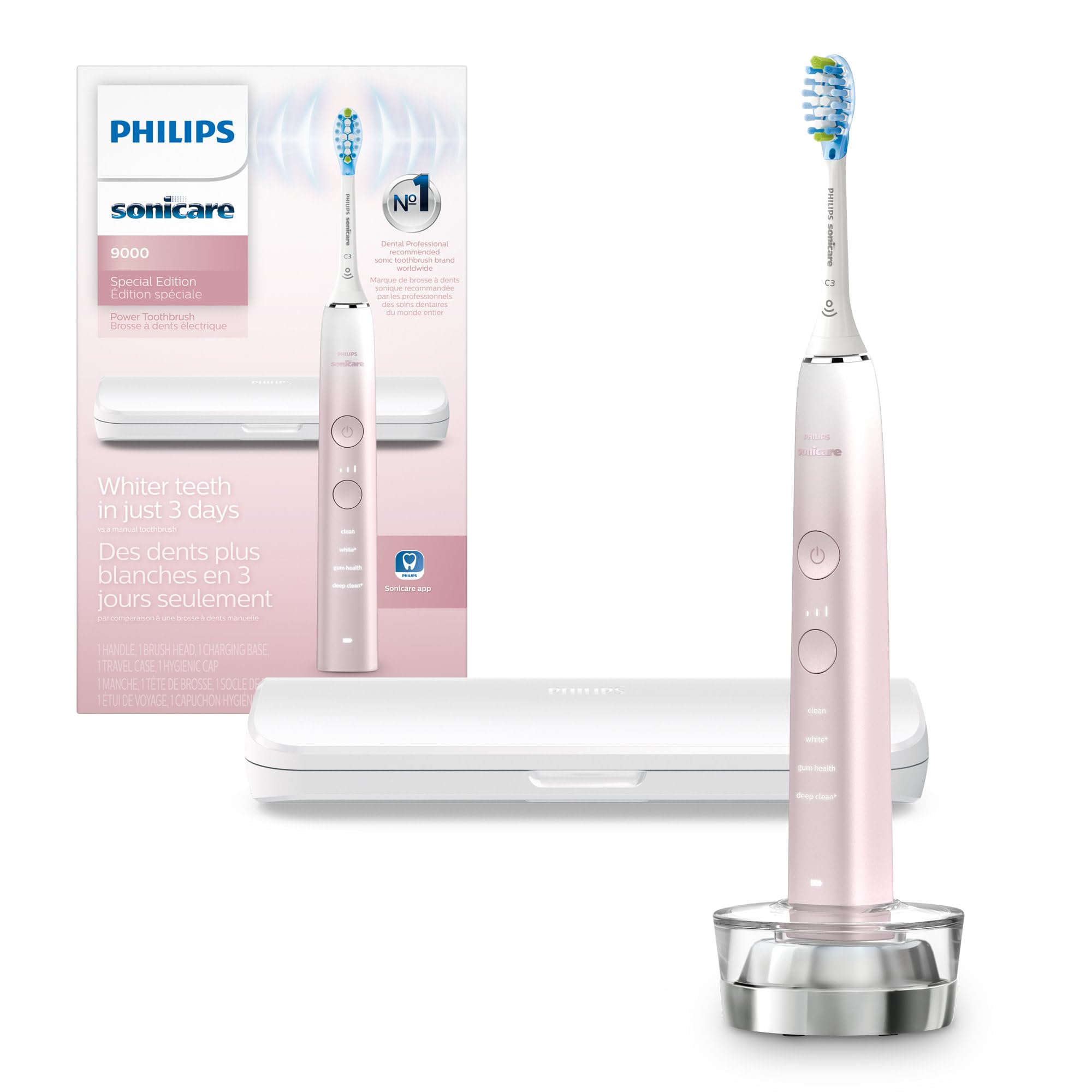 Philips Sonicare DiamondClean 9000 Special Edition Rechargeable Electric Toothbrush - HX9911/90 in White & Pink | Professional Teeth Cleaning for Whitening, Plaque Removal & Gum Care | Perfect for Travel & Home Use