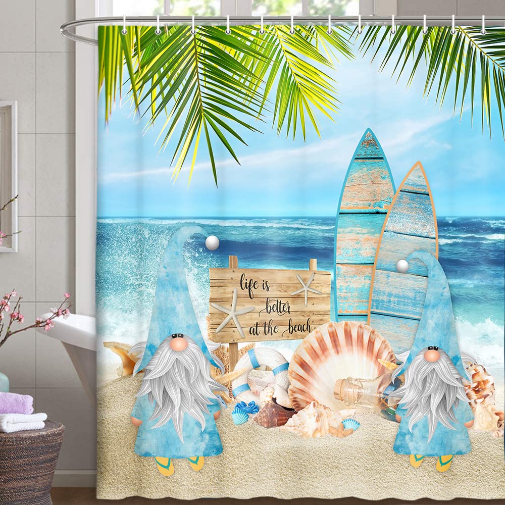Waterproof Beach Shower Curtain Set - Tropical Ocean Seaside Bathroom Decor with Surfing Gnomes Design, 60x70 Inch Funny Coastal Theme Shower Curtain for Kids & Bathrooms | Perfect for Beach Houses, Vacation Rentals & Summer Home Decor