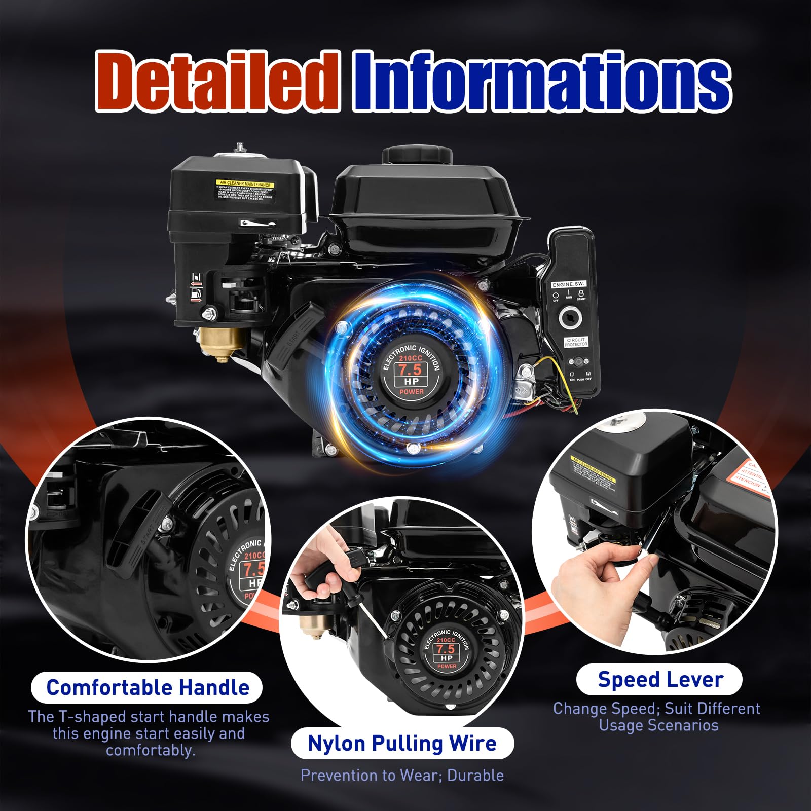 7.5HP 212CC 4-Stroke Gas Engine with Electric Start - Horizontal Shaft Motor for Go Kart, Lawn Mower, Generator, Pump, Compressor, Scarifier | Powerful & Reliable Small Engine for Outdoor Power Equipment