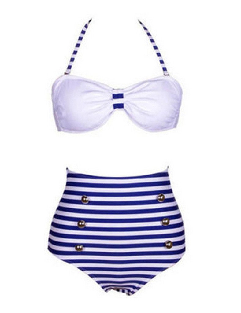 Women's Vintage High Waisted Bikini Set - Polka Dot White Top + Blue & White Striped Bottom | Retro Swimwear for Beach, Pool & Summer Vacations