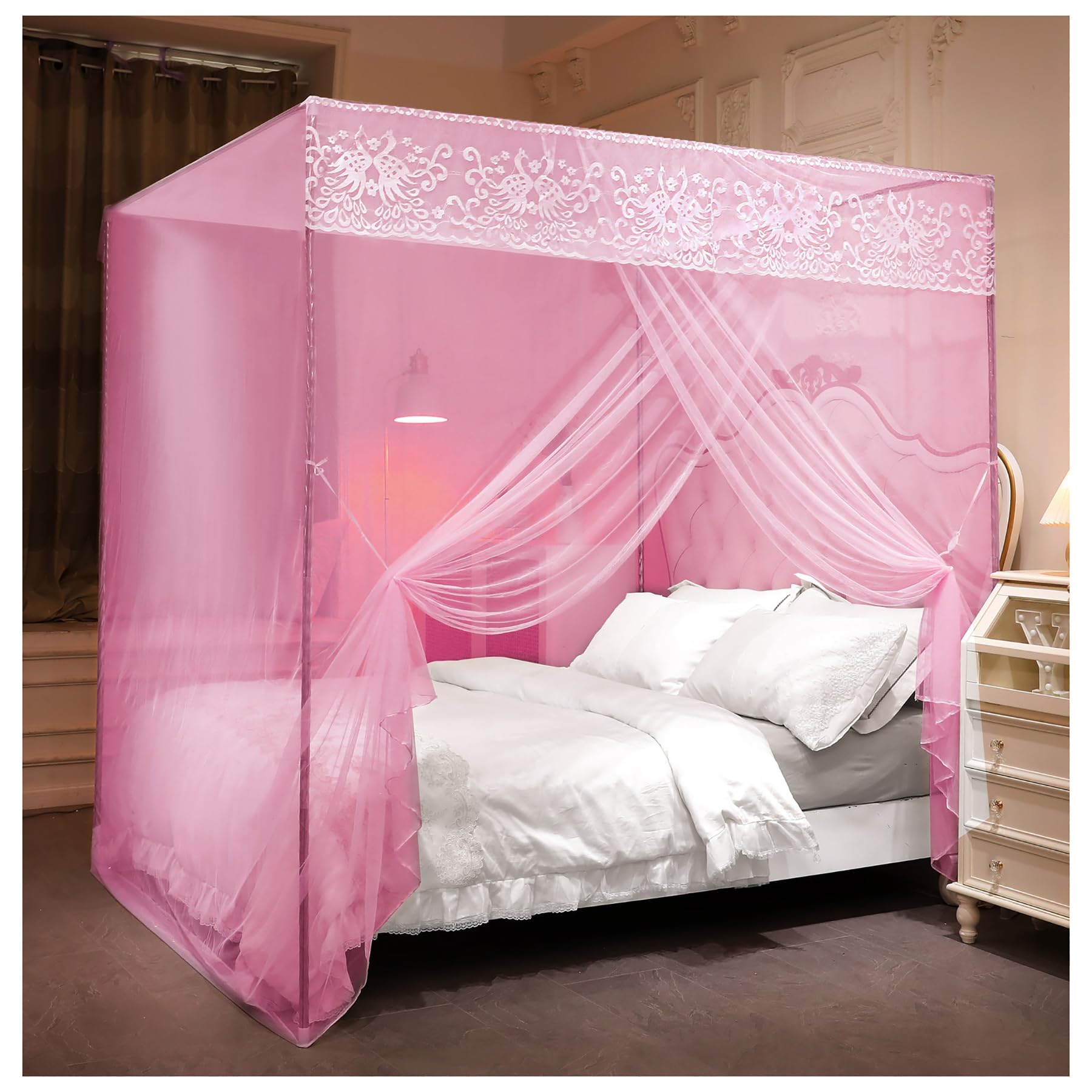 Elegant 4-Poster Bed Canopy Frame with Curtains - Stainless Steel Bed Netting for King Size Bed (Silver, Pink) - Perfect for Bedroom Decor, Romantic Nights & Boho Chic Style
