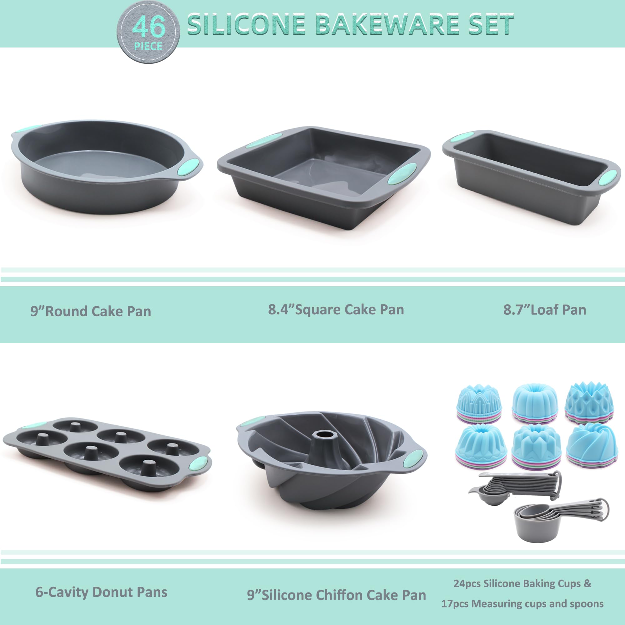 46-Piece Silicone Bakeware Set - Non-Stick Oven Baking Pans, Cake Molds, Chiffon Pan, Donut Pan, Square & Loaf Pan for Home Baking, Party Desserts & Holiday Cooking