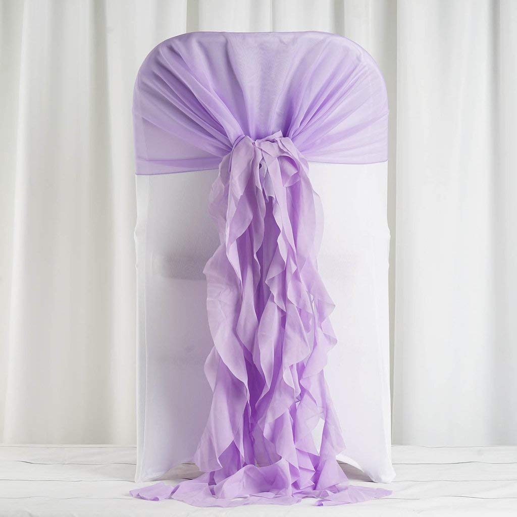 50 Premium Lavender Curly Chiffon Chair Covers with Sashes - Elegant Wedding, Party & Reception Decorations for Ceremonies, Banquets and Special Events