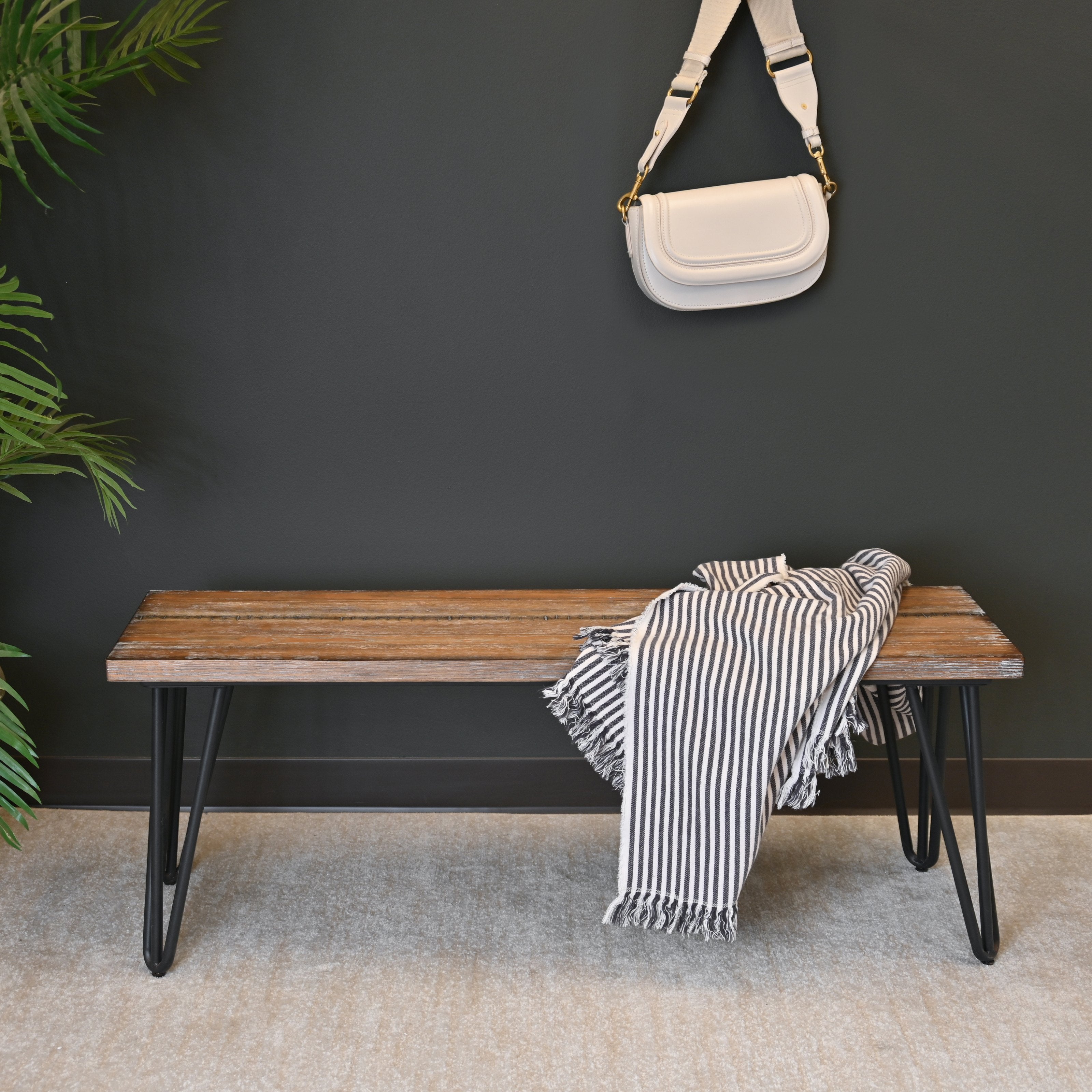 Roundhill Furniture Aryven Industrial Wood Dining Bench - Rustic Dark Pine Finish - Sturdy & Stylish for Kitchen, Dining Room, or Breakfast Nook