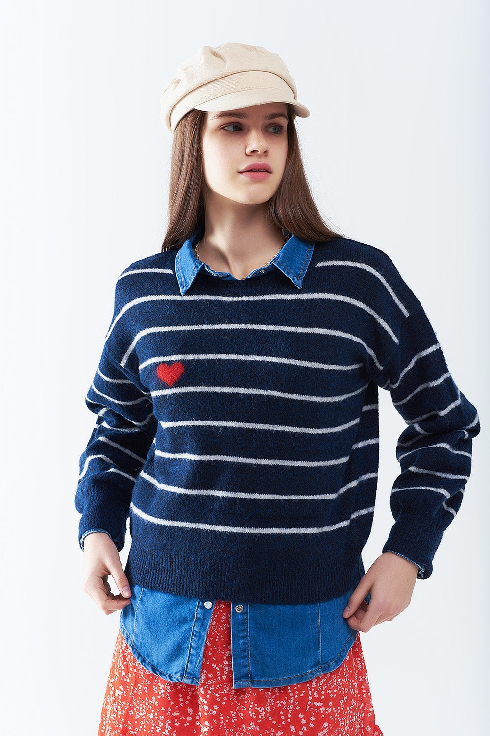 Blue Striped Pullover with Red Heart Detail - Perfect for Casual Outfits, Date Nights & Cozy Winter Wear