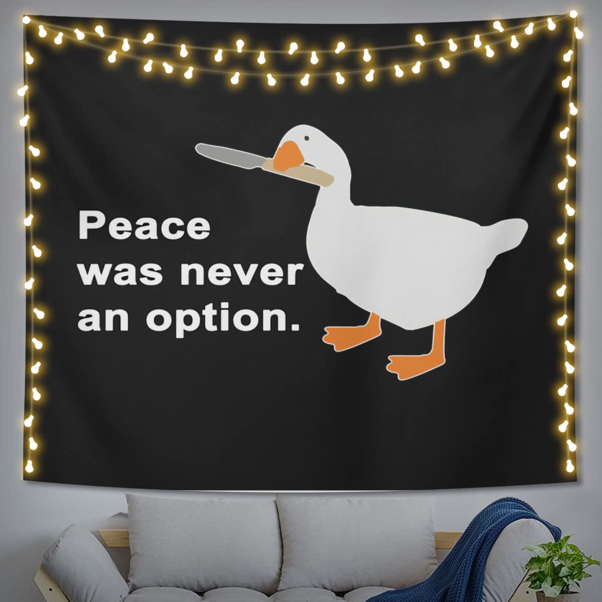 Encounterlove 'Peace Was Never An Option' Goose Wall Tapestry - 59x51 Inches Large Fabric Art for Bedroom, Living Room, Dorm Decor - Funny Home Decor Gift for Goose Lovers & Meme Enthusiasts (Perfect for Wall Hanging, Room Aesthetics & Themed Parties)