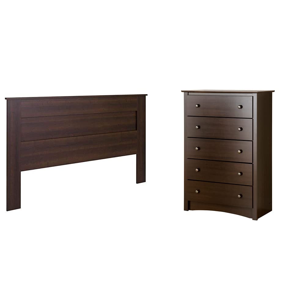 Stylish Flat Wood Panel King Size Headboard - Simplistic Wooden Bed Frame Headboard (EHFK-1301-1) & 5-Drawer Espresso Dresser for Bedroom - Perfect for Modern Home Decor and Master Bedroom Furniture Setup