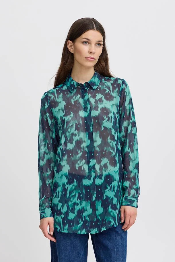 Floral Print Shirt for Women - Green, Blue, Slate Flower Design - Perfect for Spring Outfits, Casual Wear & Office Attire