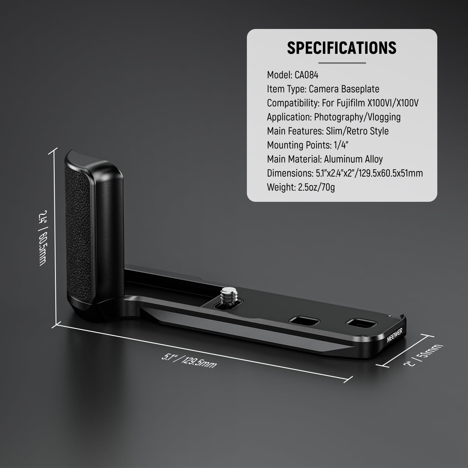 NEEWER X100VI Baseplate for Fujifilm X100VI & X100V Cameras - L-Shaped Bracket with Ergonomic Handgrip, Arca-Swiss Tripod Compatible (Black, Model CA084) - Perfect for Street Photography & Travel Shooting