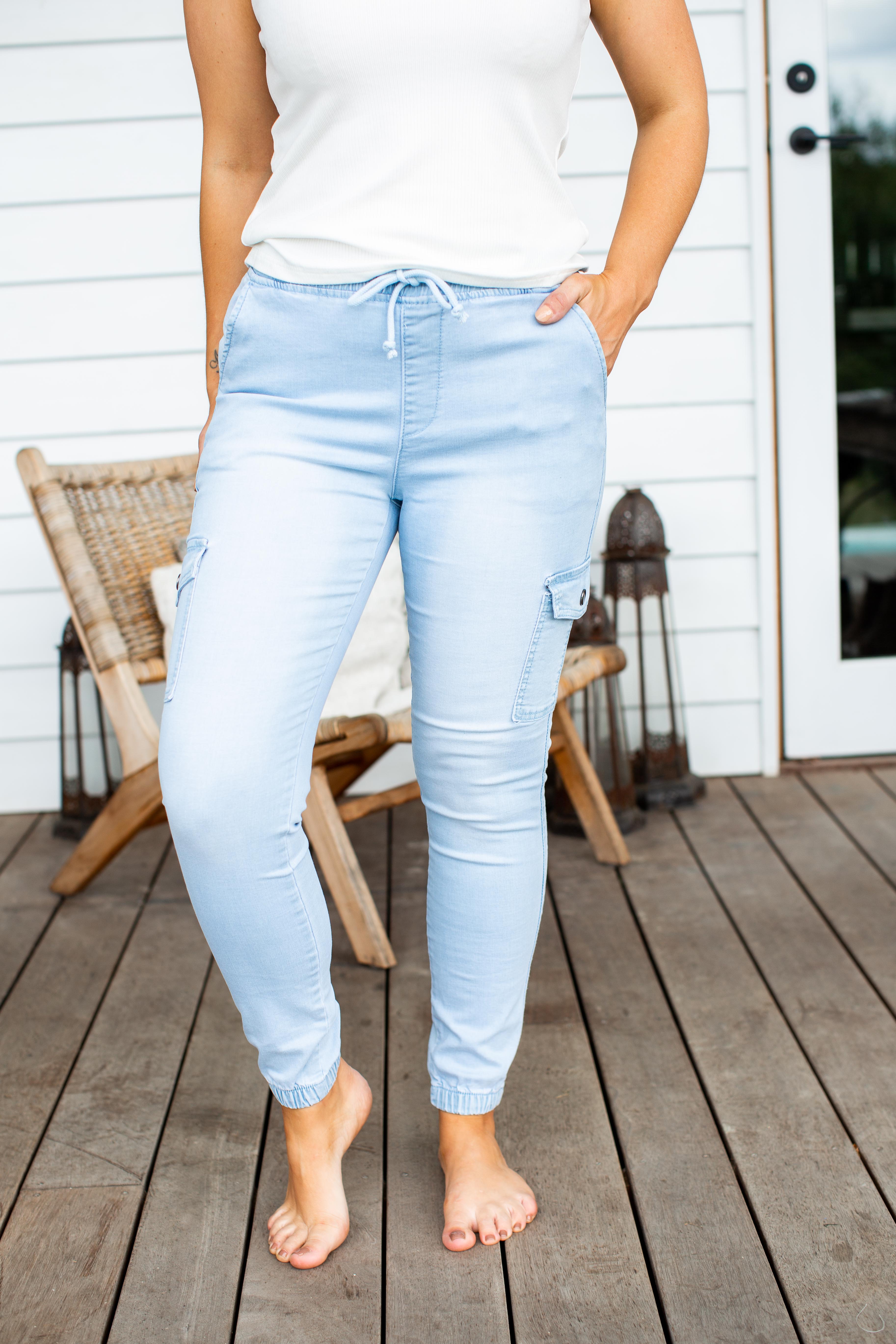 Florence Light Blue Denim Joggers for Women - Comfortable Stretch Casual Pants for Everyday Wear, Running Errands & Lounge