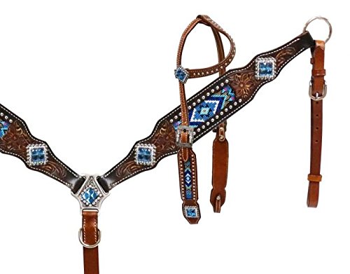 Showman Medium Oil Leather Headstall & Breastcollar Set with Blue Beaded Inlay - Western Horse Tack for Show & Trail Riding - Durable Leather Bridle & Breastplate for Equestrian Events