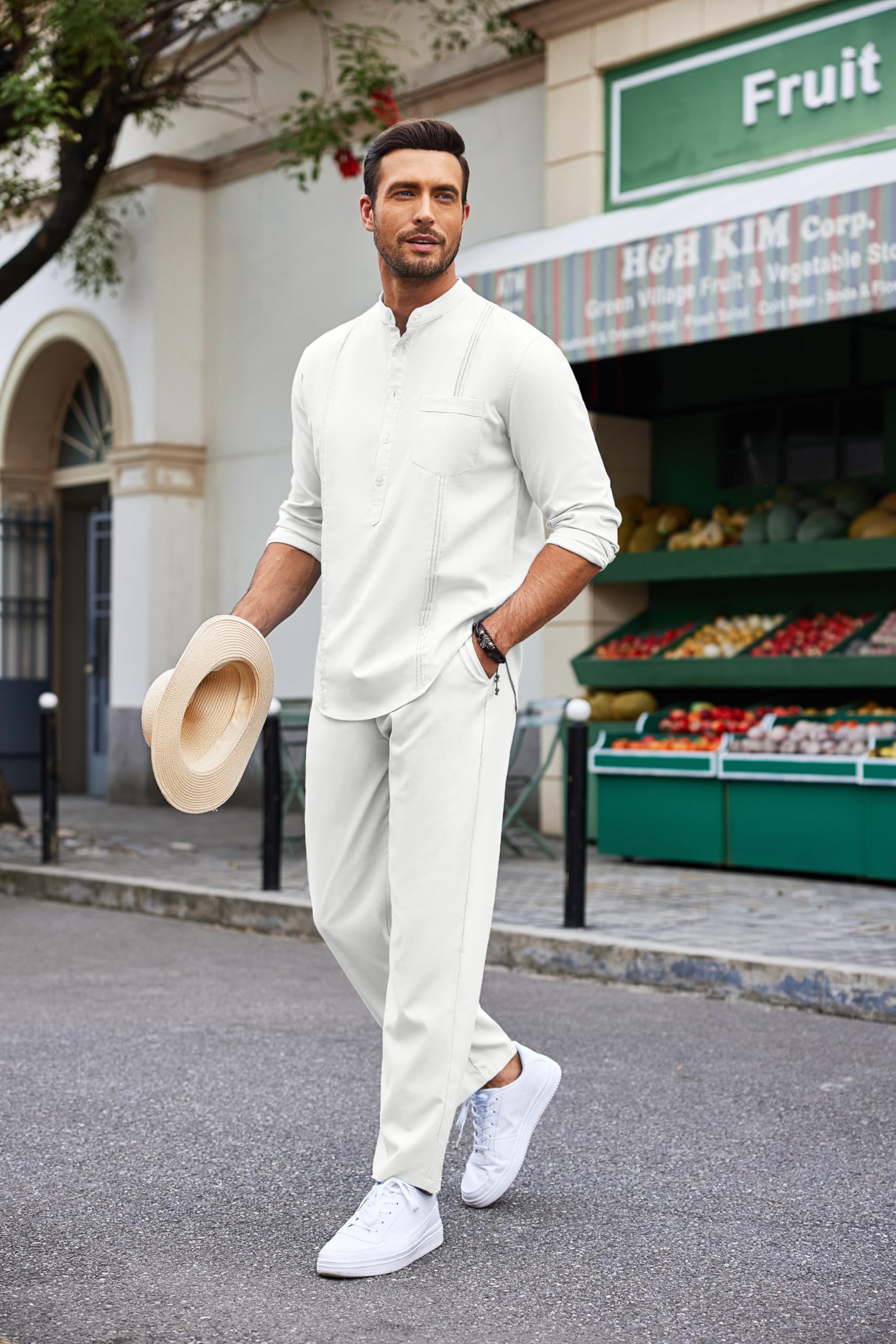 COOFANDY Men's 2-Piece Cotton Linen Outfit Set - Breathable Long Sleeve Henley Shirt & Comfortable Yoga Pants - Casual Beachwear, Cuban Style Lounge Set for Summer Vacation, Yoga, and Relaxation