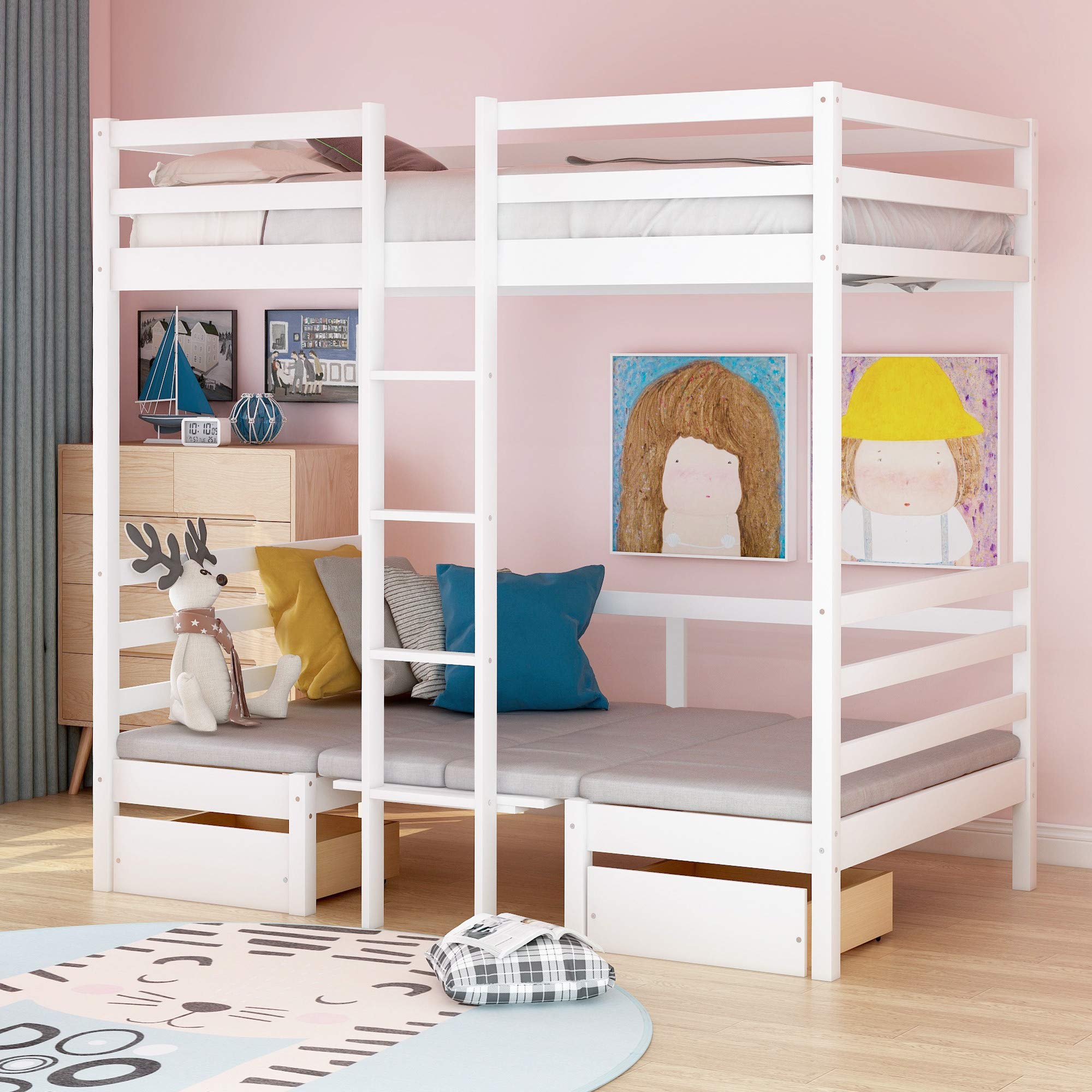 Solid Wood Twin Loft Bunk Bed for Kids & Adults with Guardrail, Ladder & 2 Drawers - Convertible to Upper Bed & Desk - Free Cushion Sets Included - No Box Spring Needed - Perfect for Small Bedrooms, Dorms & Space-Saving Kids' Rooms