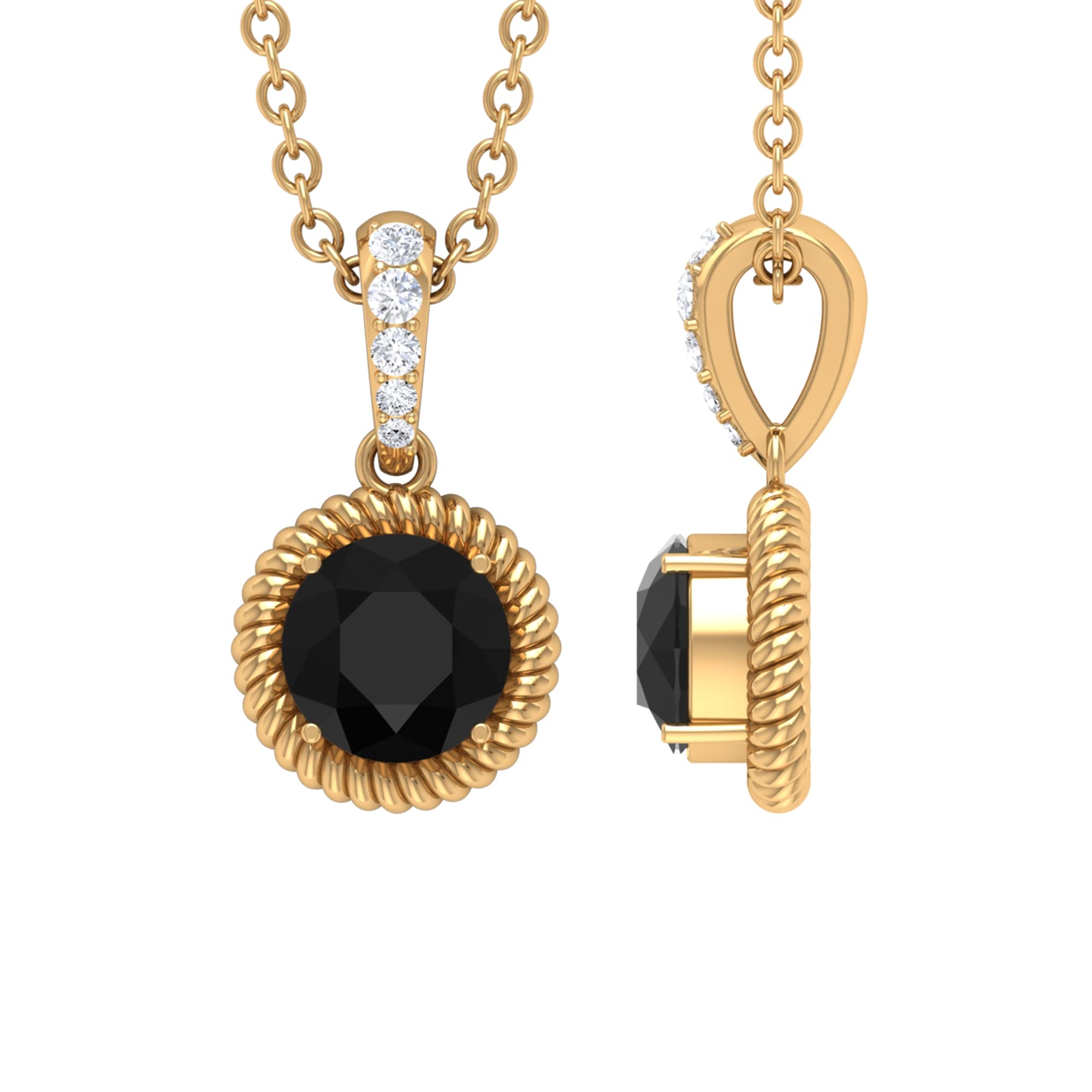 4 Prong Round Cut Natural Black Diamond Solitaire Pendant Necklace with White Diamond Accent Bail - 14K Solid Gold Twisted Rope Frame (AAA Quality) | Elegant Jewelry Gift for Women, Perfect for Anniversaries, Birthdays & Special Occasions