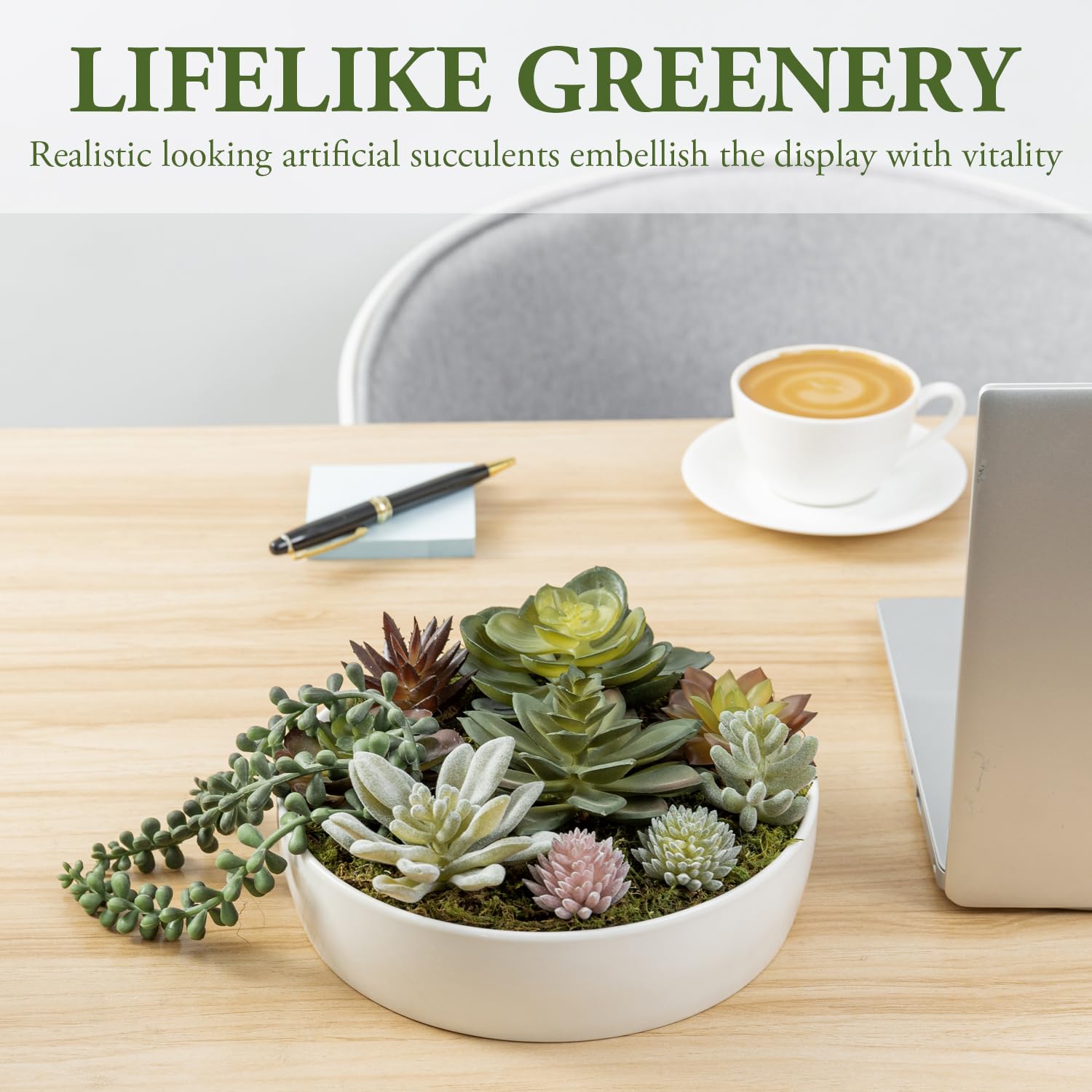 MyGift 8-Inch Artificial Succulent Plants Set with White Ceramic Planter - Modern Faux Succulent Arrangement for Home Office Desk Decor, Wedding Centerpiece & Housewarming Gift