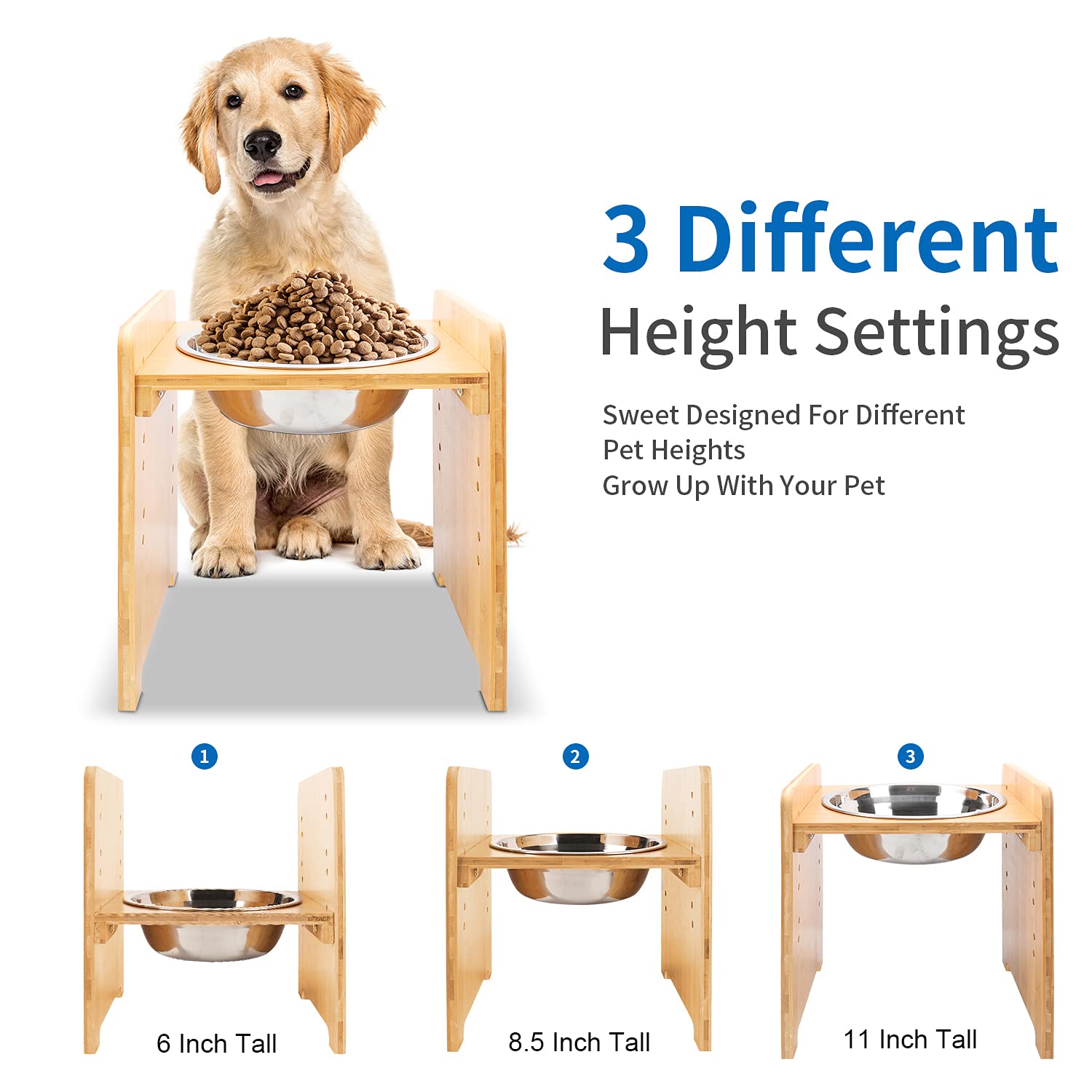 FOREYY Elevated Pet Bowls Set of 2 - Bamboo Raised Cat and Small Dog Food Water Bowls with Stainless Steel Inserts & Non-Slip Feet - Perfect for Comfortable Feeding, Joint Health and Mess-Free Dining (Large Size)