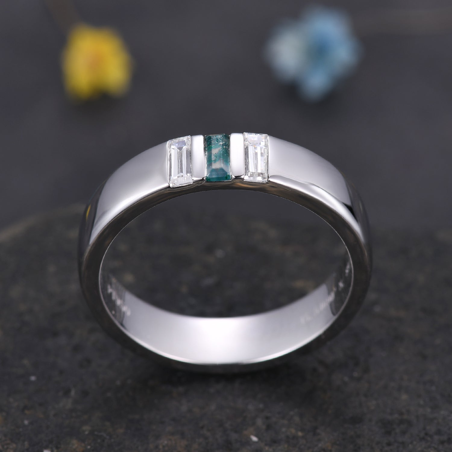 Men's Moss Agate White Gold Wedding Band - 3 Stone Baguette Cut 5mm Ring for Engagement, Anniversary & Special Occasions