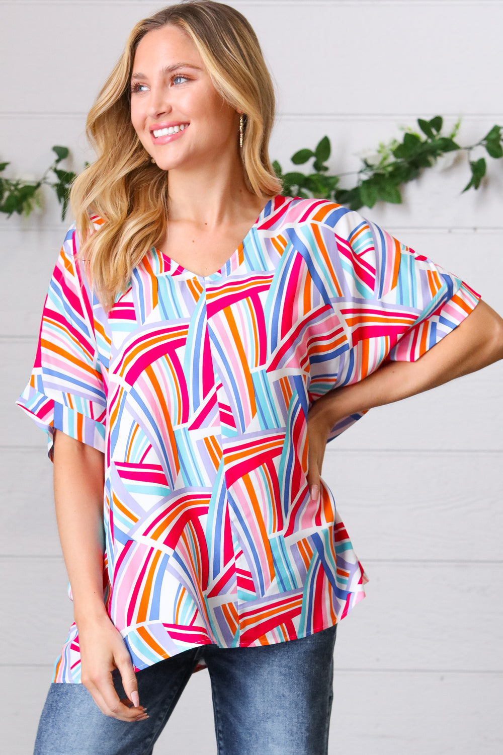 Stylish Blue & Fuchsia Geometric Print Woven Top for Women | Trendy Casual Blouse for Summer Outfits, Office Wear & Date Nights