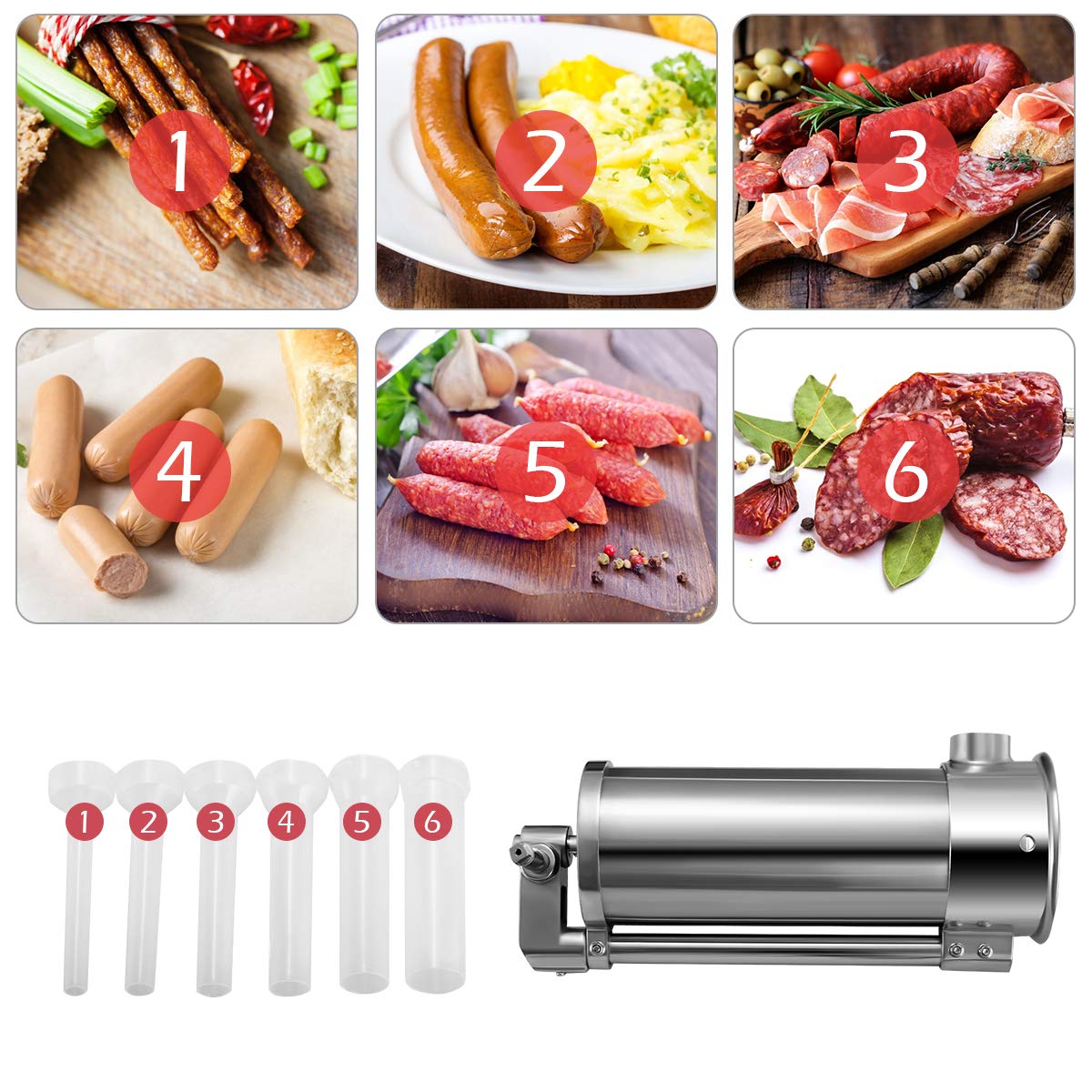 GIANTEX Manual Sausage Stuffer, Stainless Steel Sausage Maker with Table Clamp & 4 Different Filling Tubes for Home Kitchen, Restaurant, Butcher Shop - Perfect for Making Homemade Sausages, Ground Meat, and Jerky (6L Capacity)