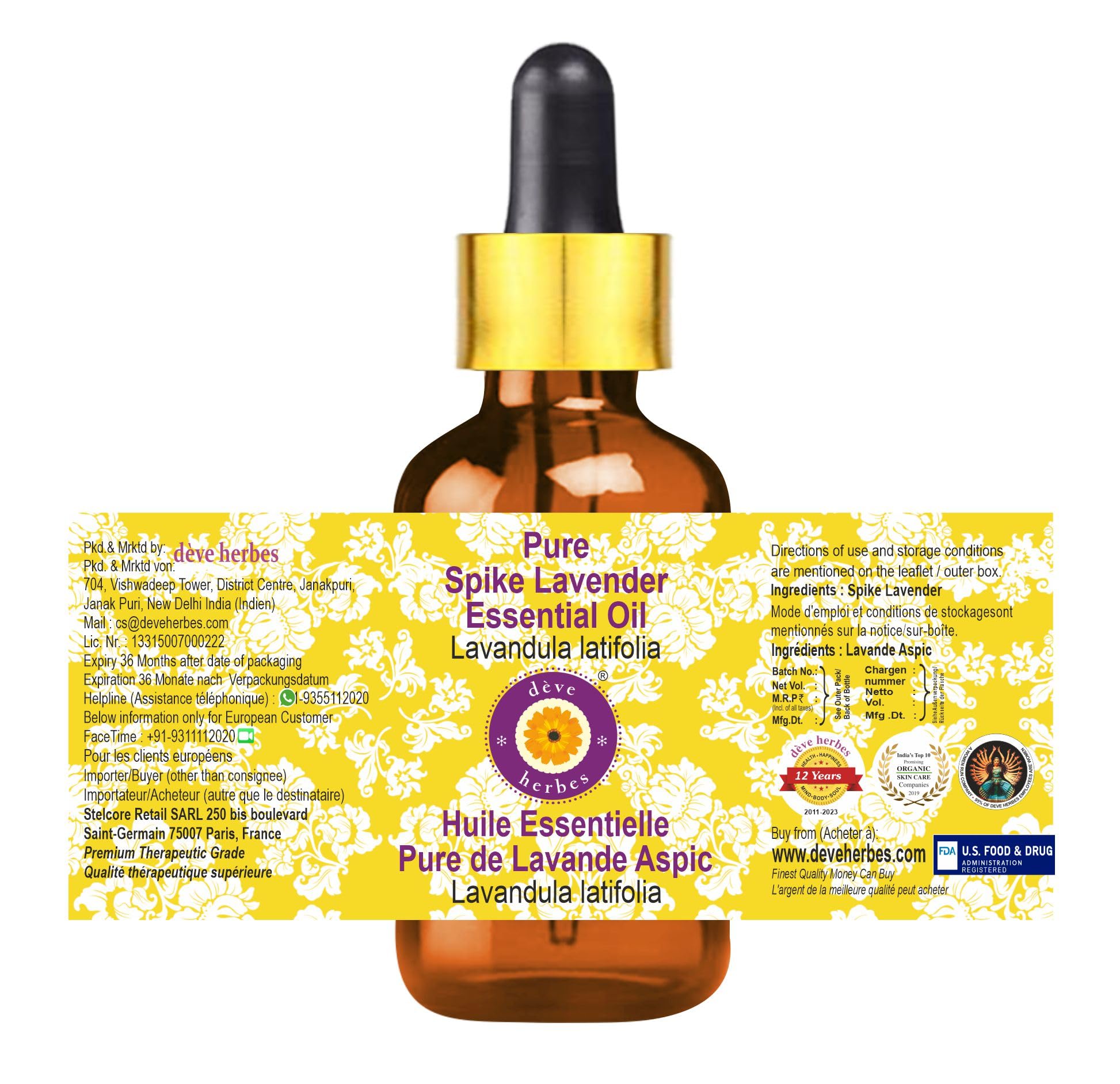 Pure Spike Lavender Essential Oil (Lavandula latifolia) 10ml - Steam Distilled, 100% Natural with Glass Dropper - Aromatherapy, Massage & Relaxation