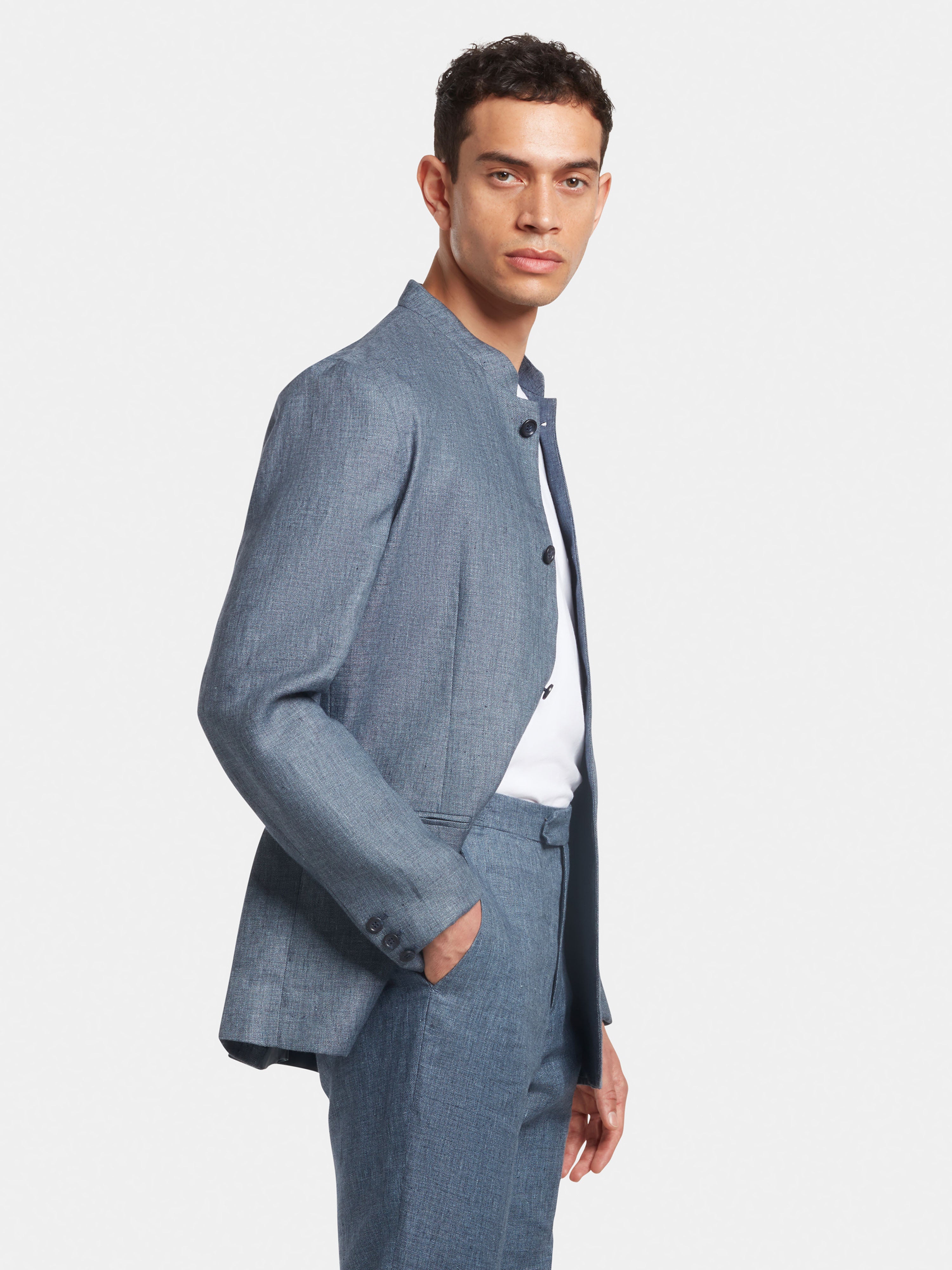 French Blue Linen Nehru Jacket for Men | Lightweight Breathable Summer Blazer | Wedding, Party & Business Casual Wear